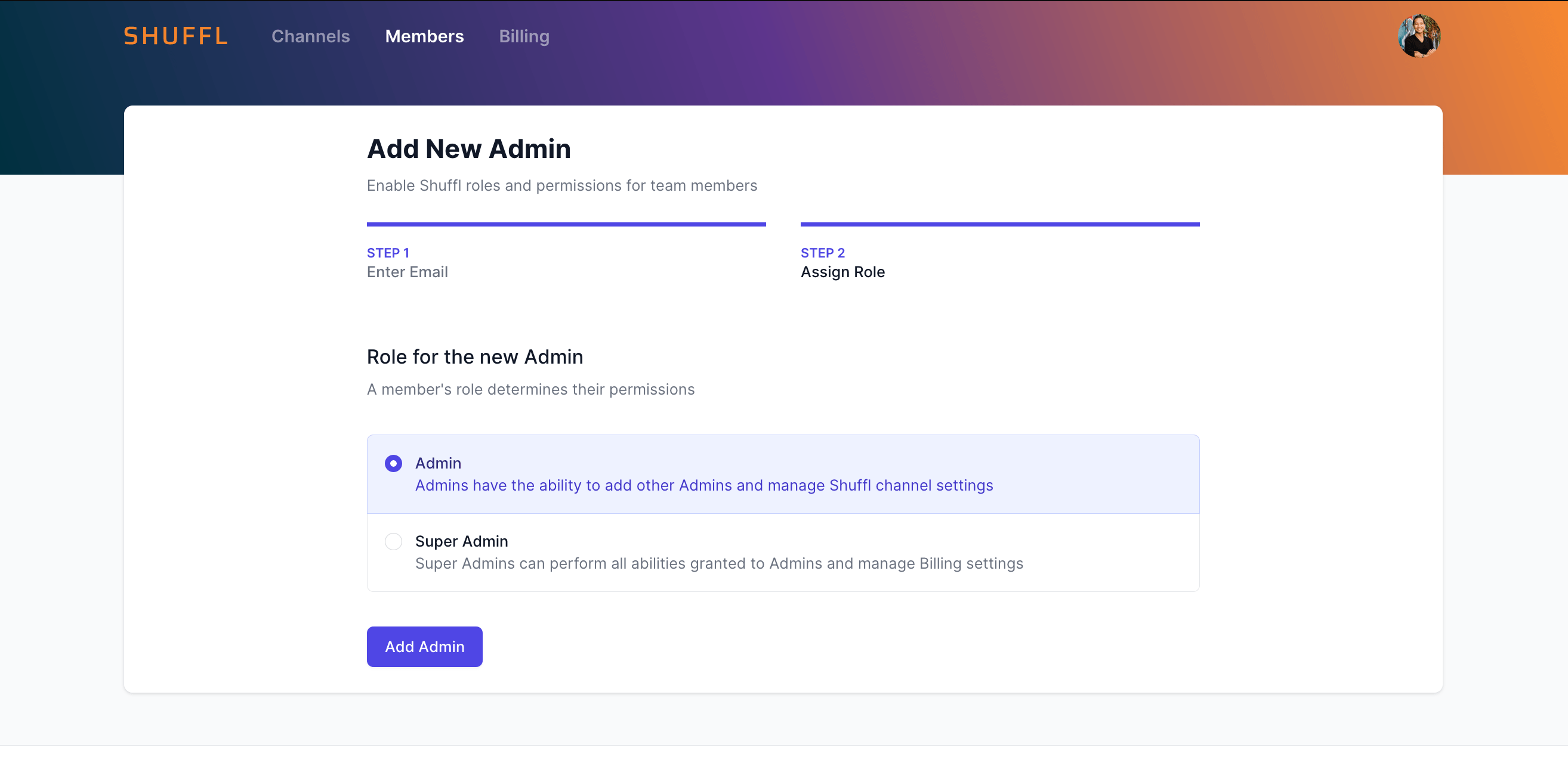 Shuffl Portal Add New Admin form, step 2, choosing between the Admin and Super Admin roles.