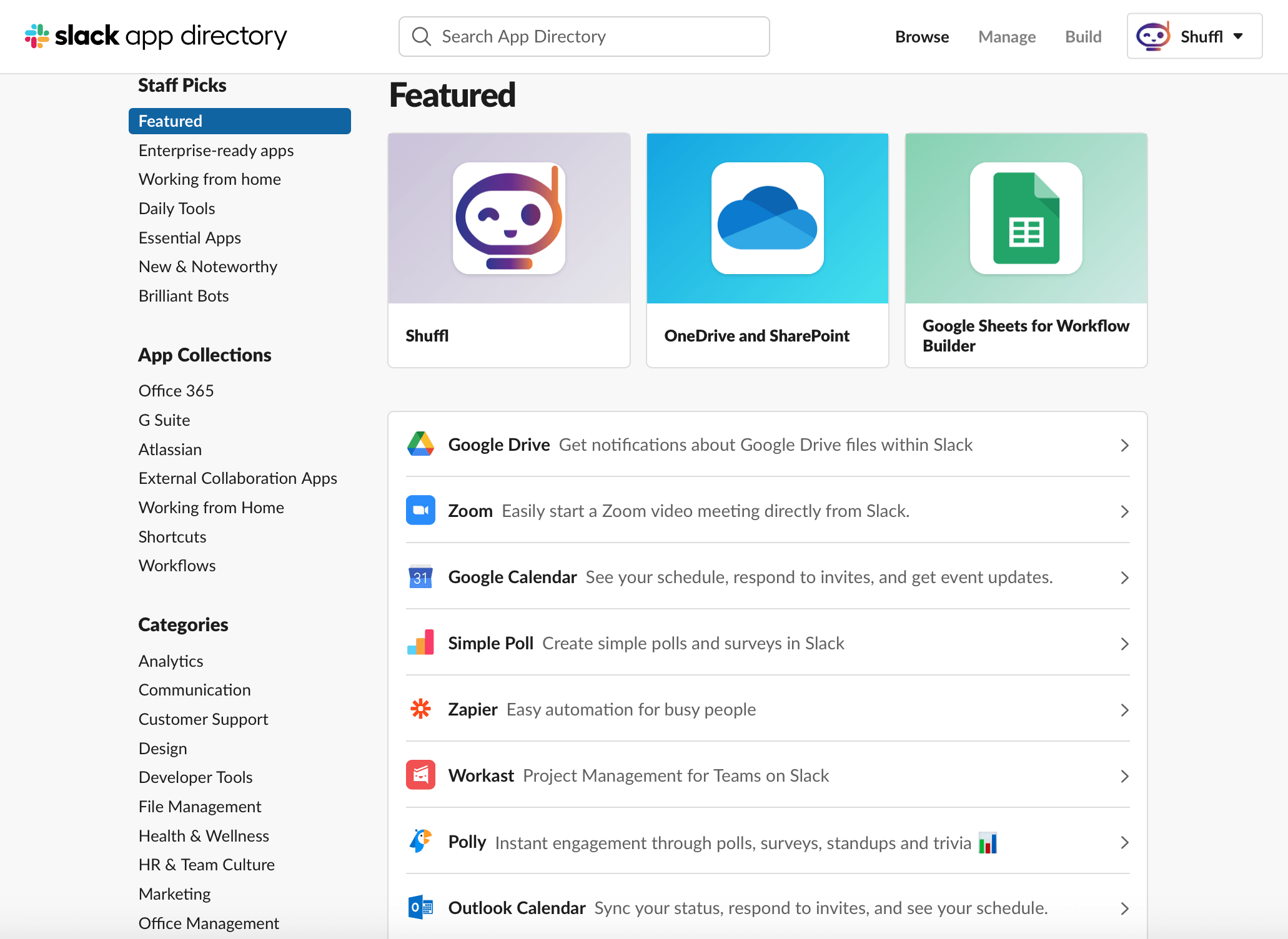 Slack App Directory Featured staff-pick page with Shuffl shown first, next to OneDrive and SharePoint and Google Sheets for Workflow Builder.