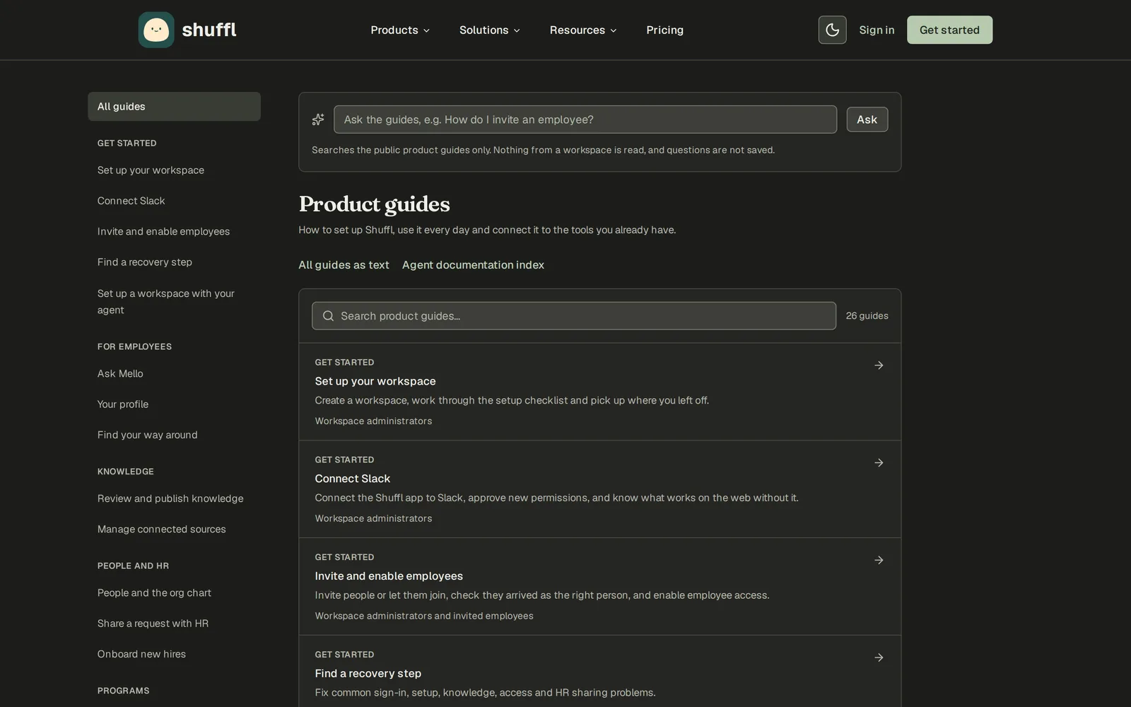 The new Shuffl product guides, with an Ask box that searches the guides and a list of setup guides