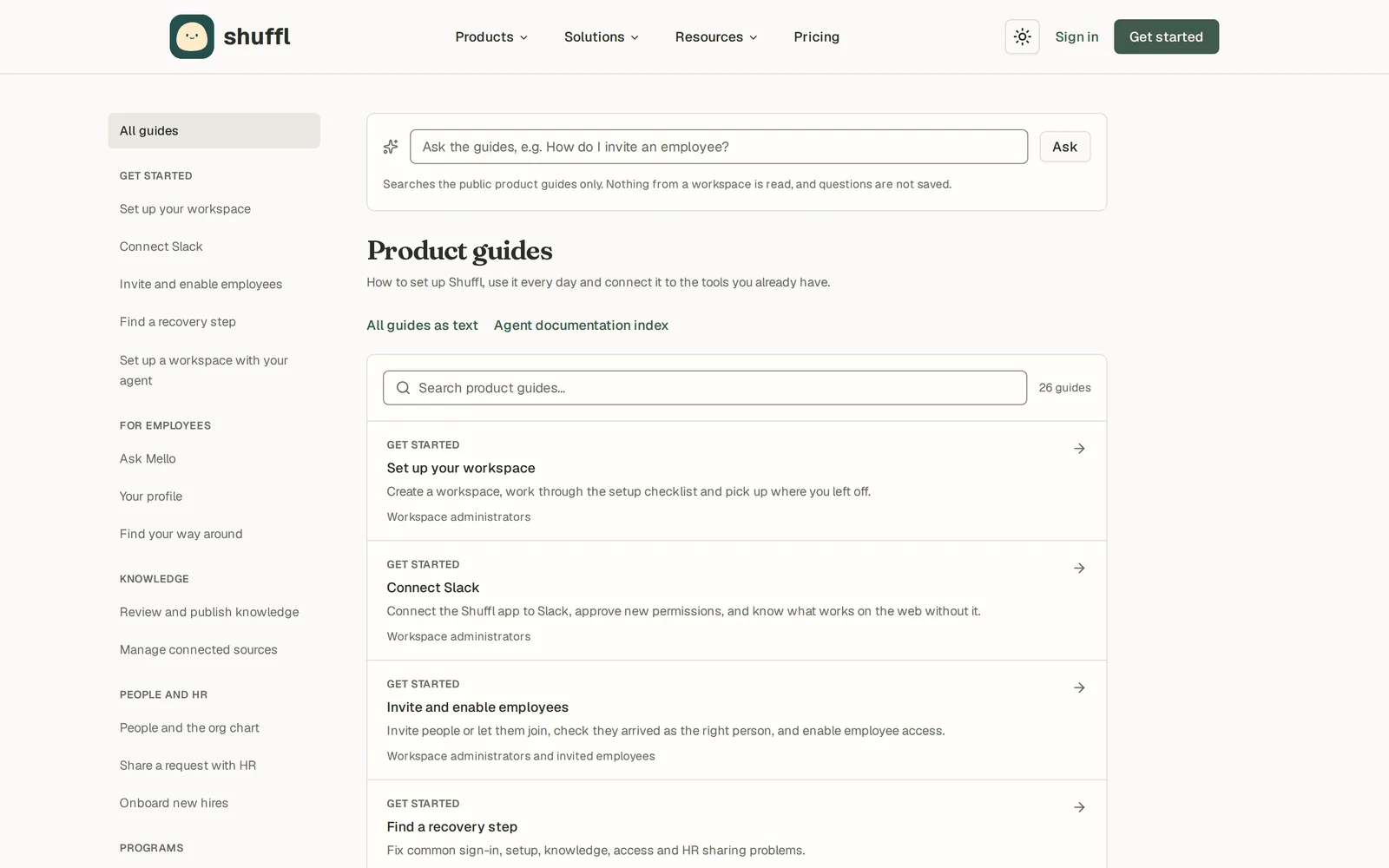 The new Shuffl product guides, with an Ask box that searches the guides and a list of setup guides