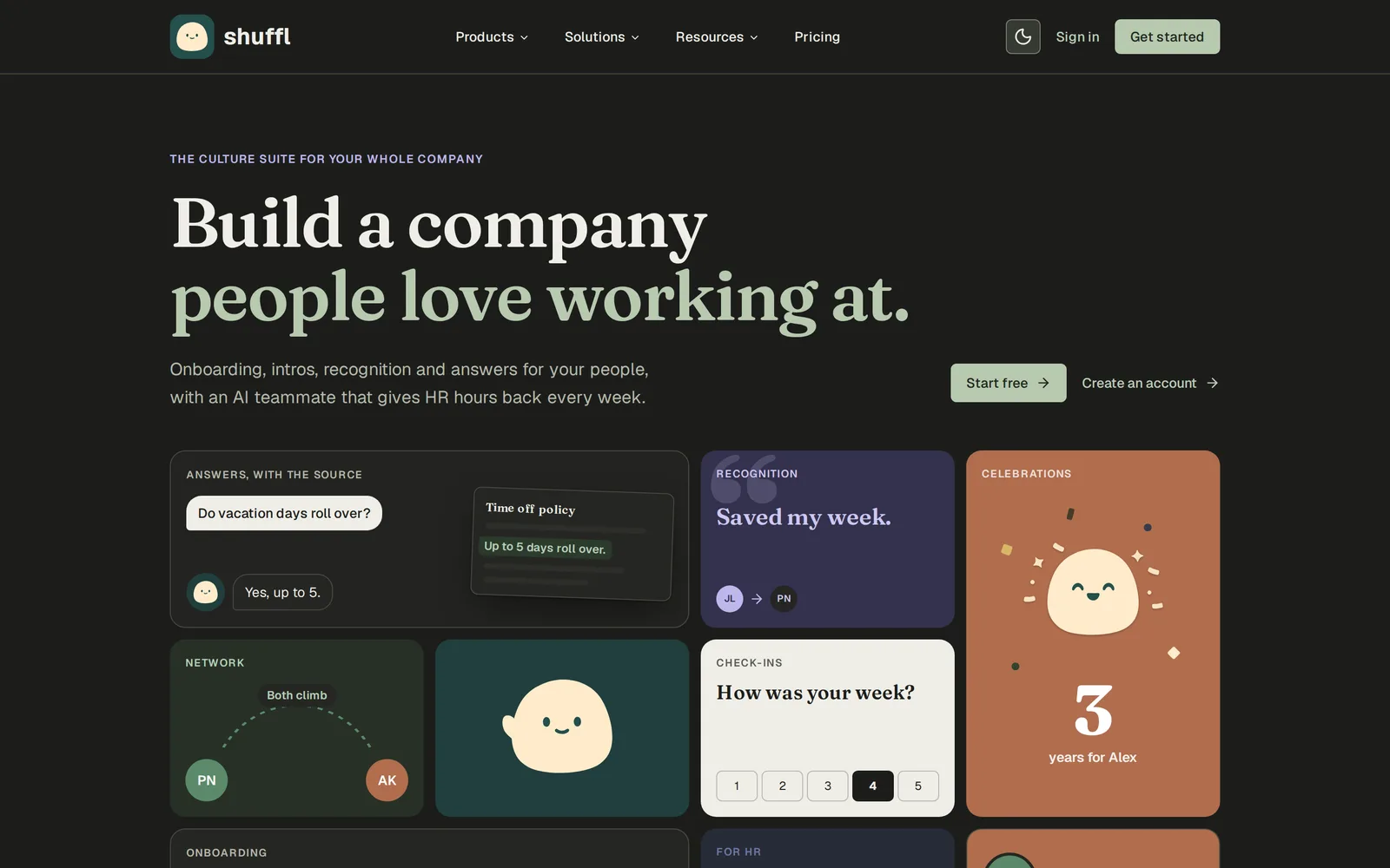 The new Shuffl homepage: the new Mello logo, the headline “Build a company people love working at.” and tiles for answers, recognition, celebrations and check-ins