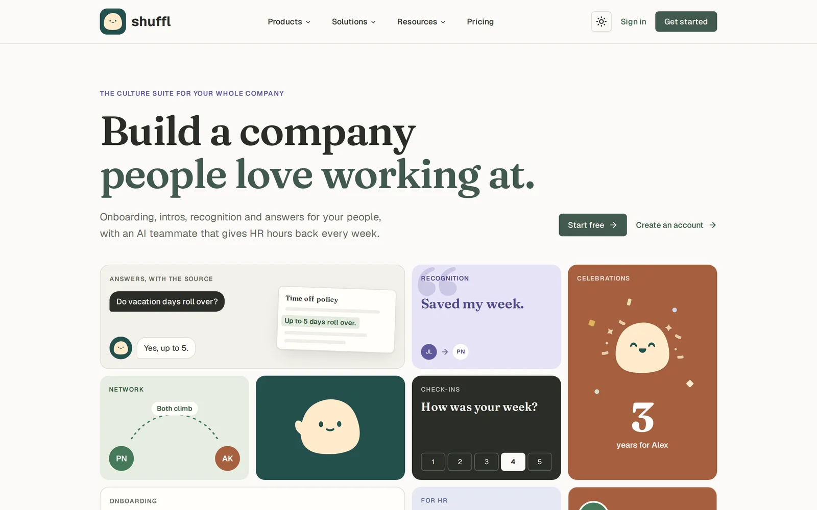 The new Shuffl homepage: the new Mello logo, the headline “Build a company people love working at.” and tiles for answers, recognition, celebrations and check-ins