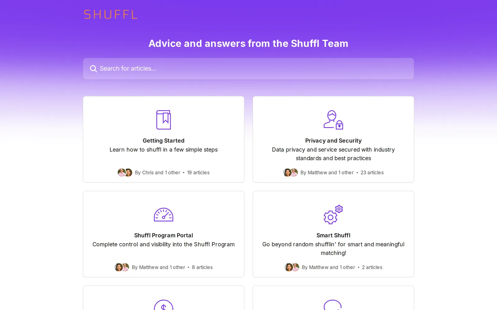 The old Shuffl help center on Intercom, with article collections for getting started, privacy and security, the program portal and smart matching