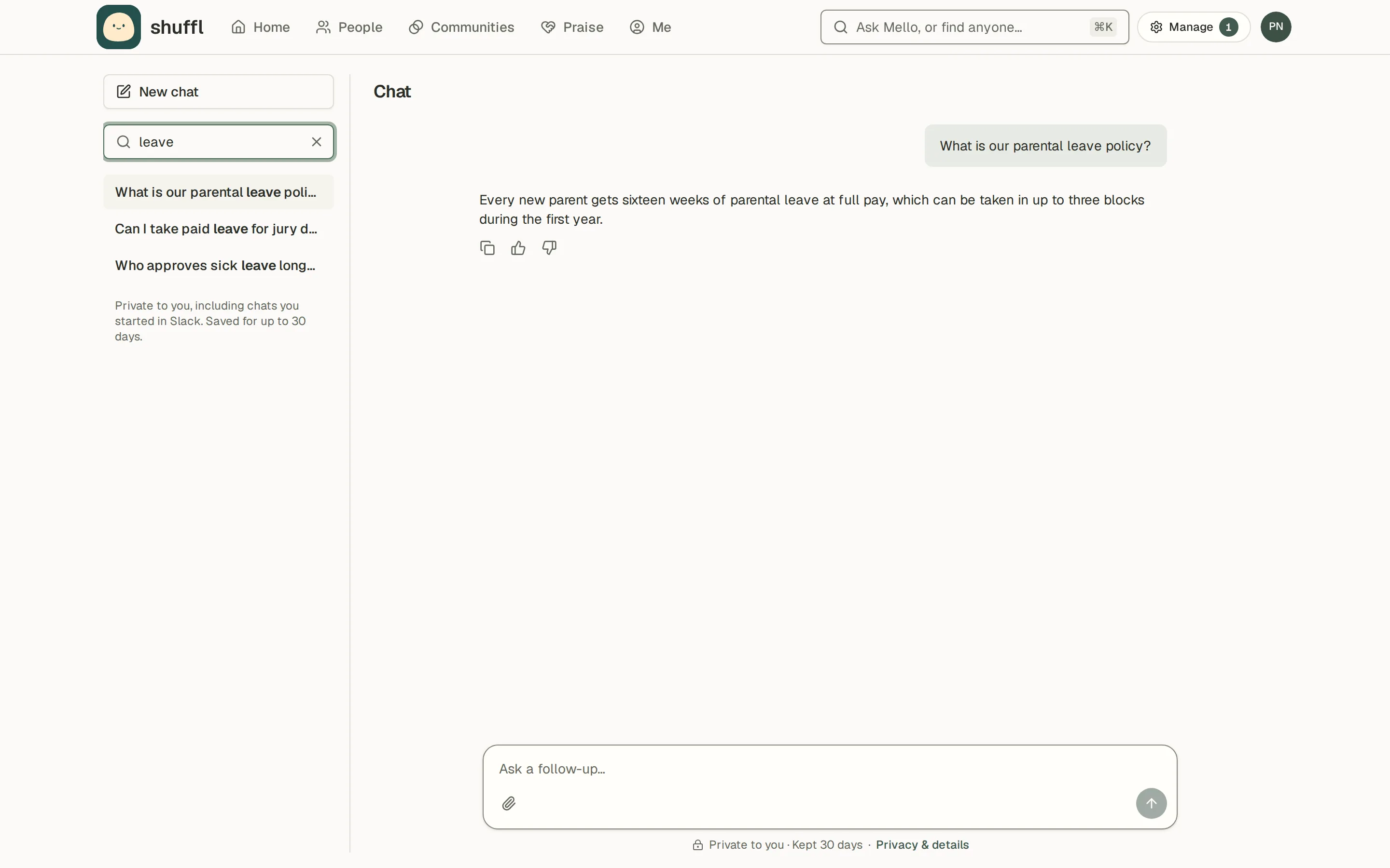 Chat history search with matching past conversations