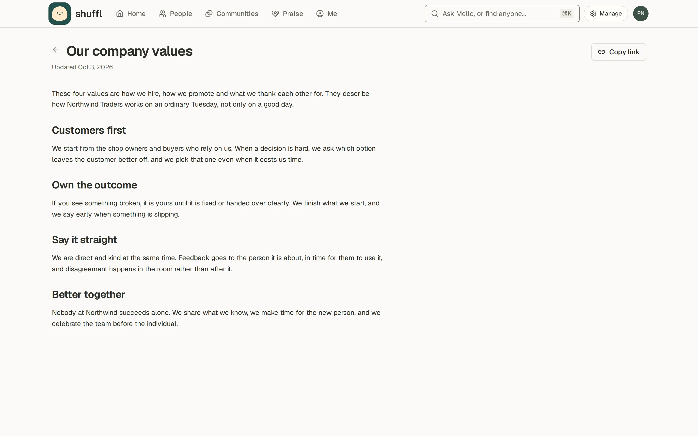 The company values page in Knowledge with four written values
