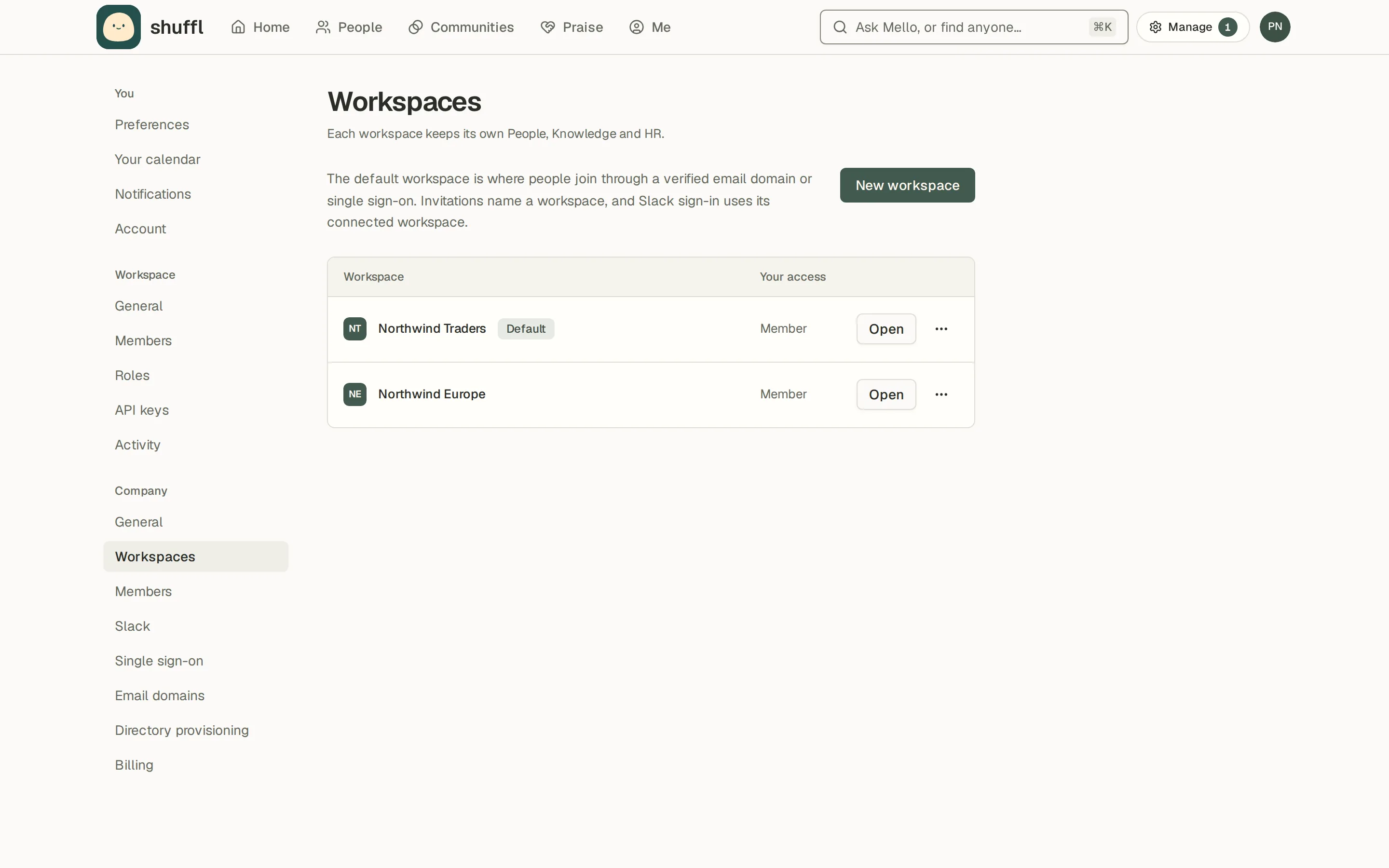 Northwind Traders Company settings showing two workspaces and the default workspace badge