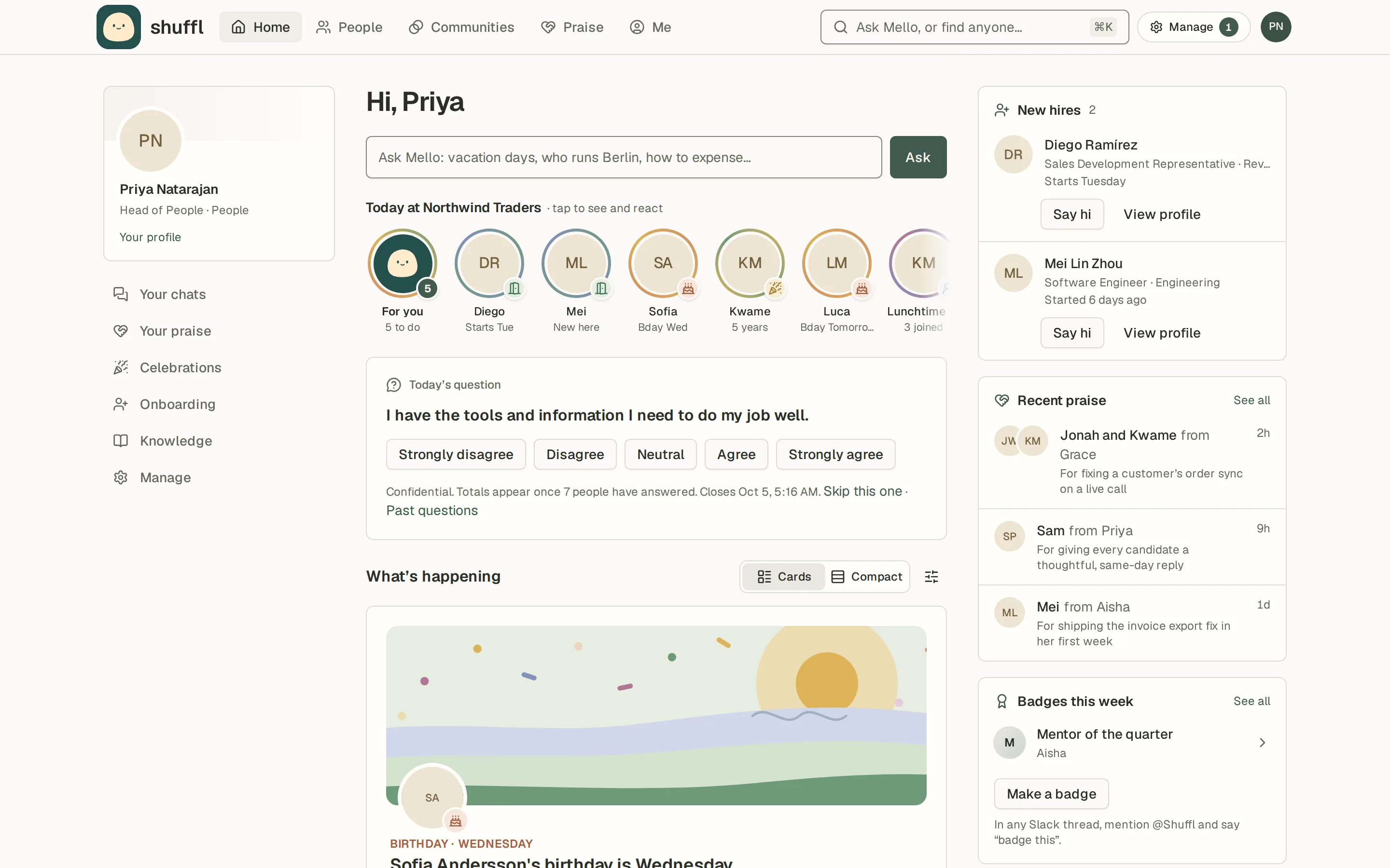 Shuffl Home on desktop and phone, with a Pulse question, recent praise and a feed of coworker news