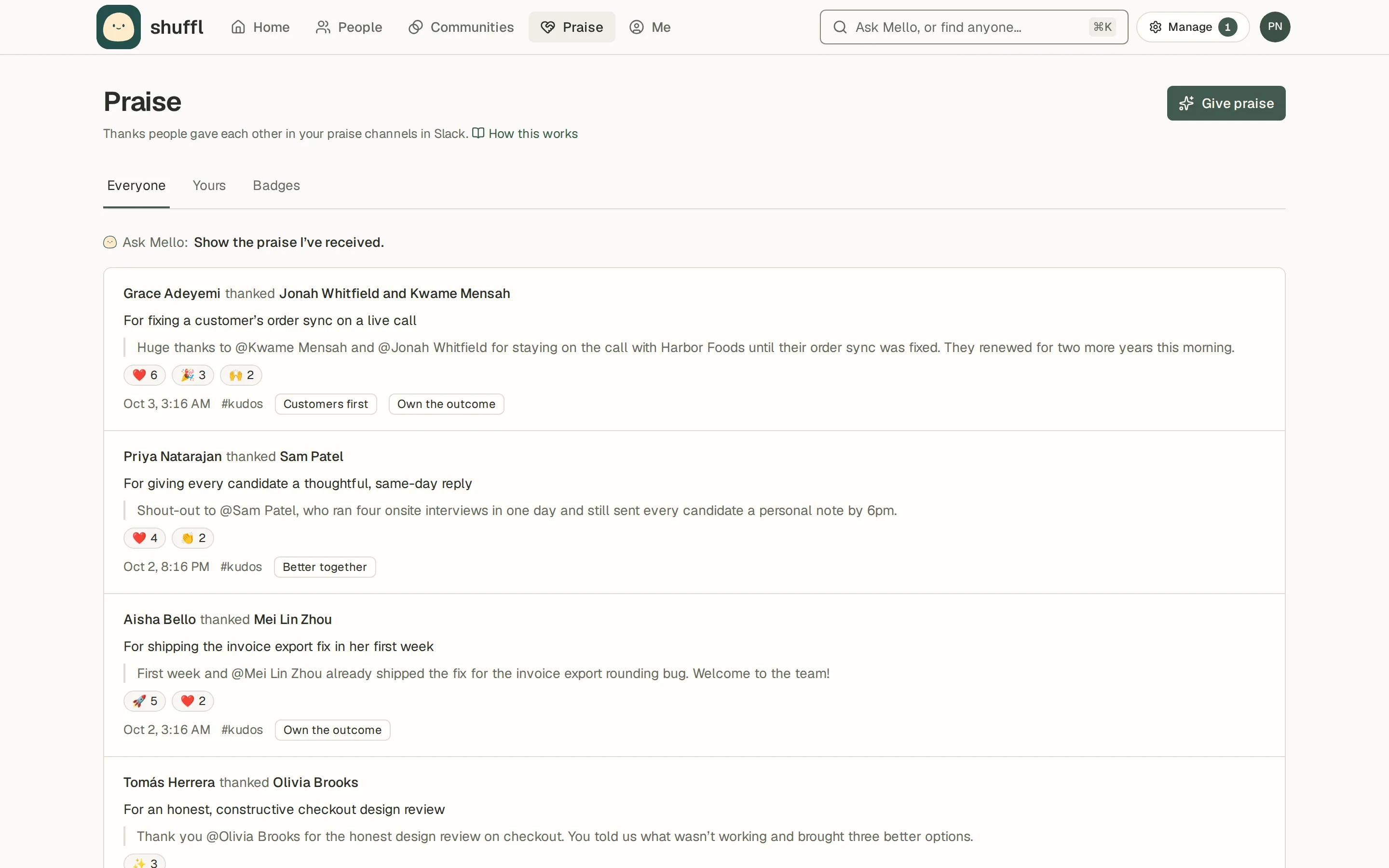 The Praise feed with thank-you notes between coworkers