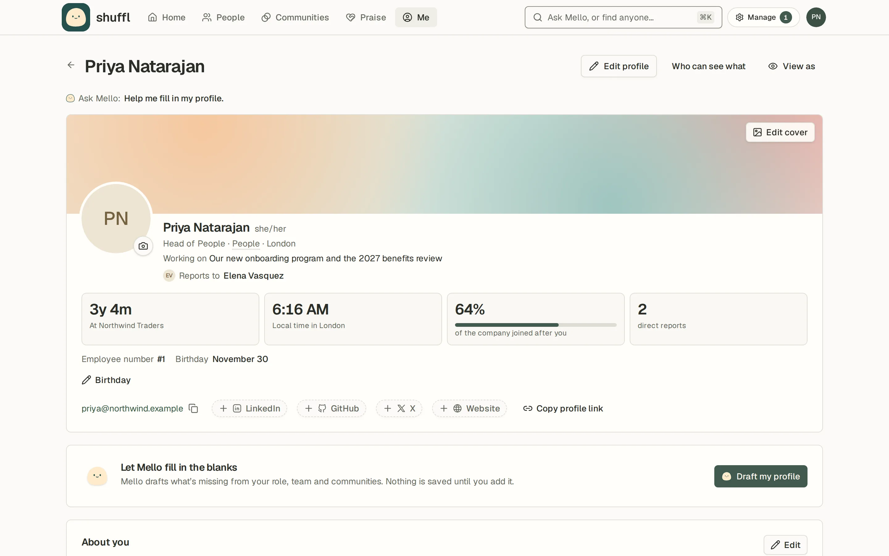 A Shuffl profile with a cover image, quick stats and reporting line