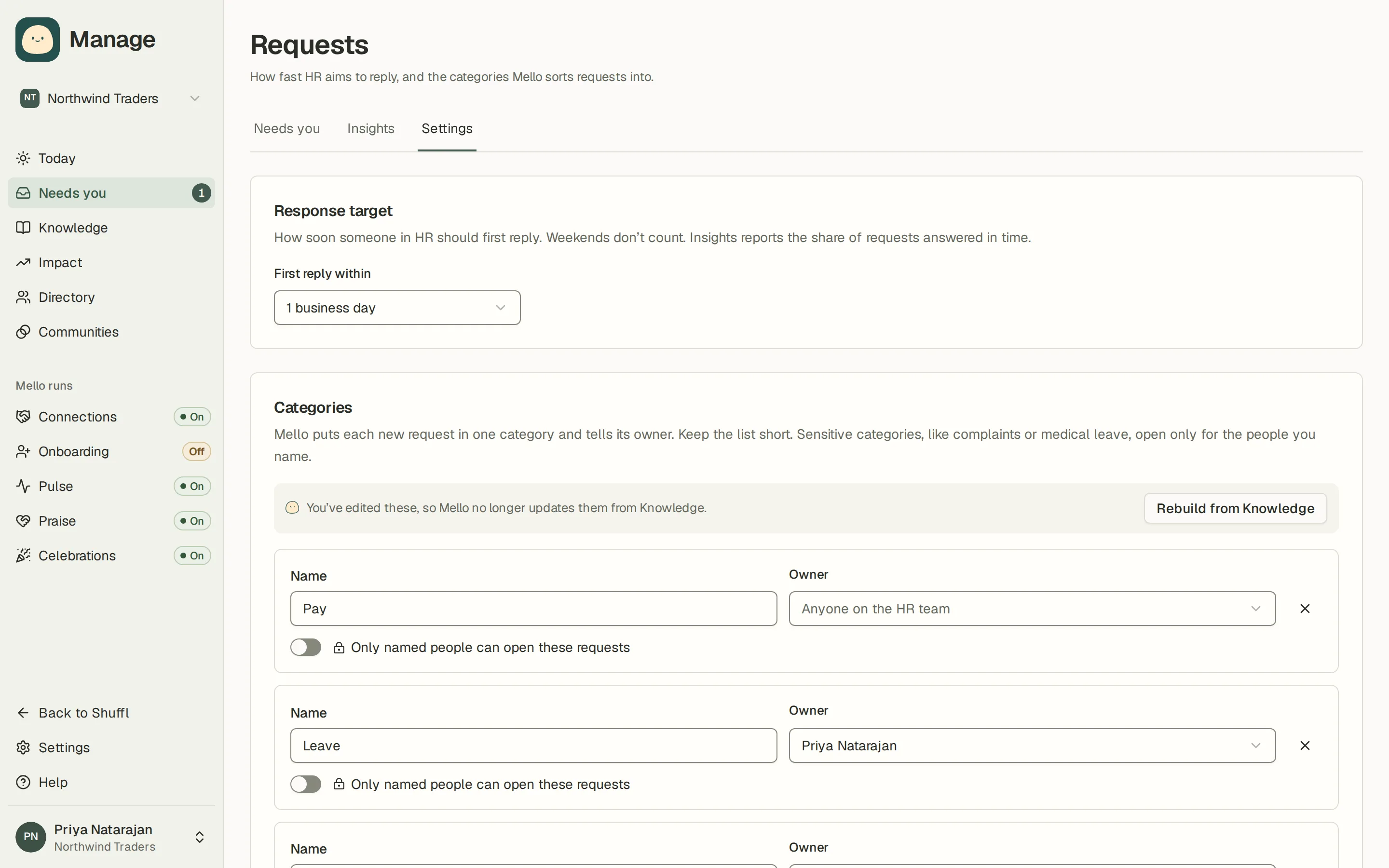 HR request settings with categories, owners, a sensitive Employee relations category and a one-day response target
