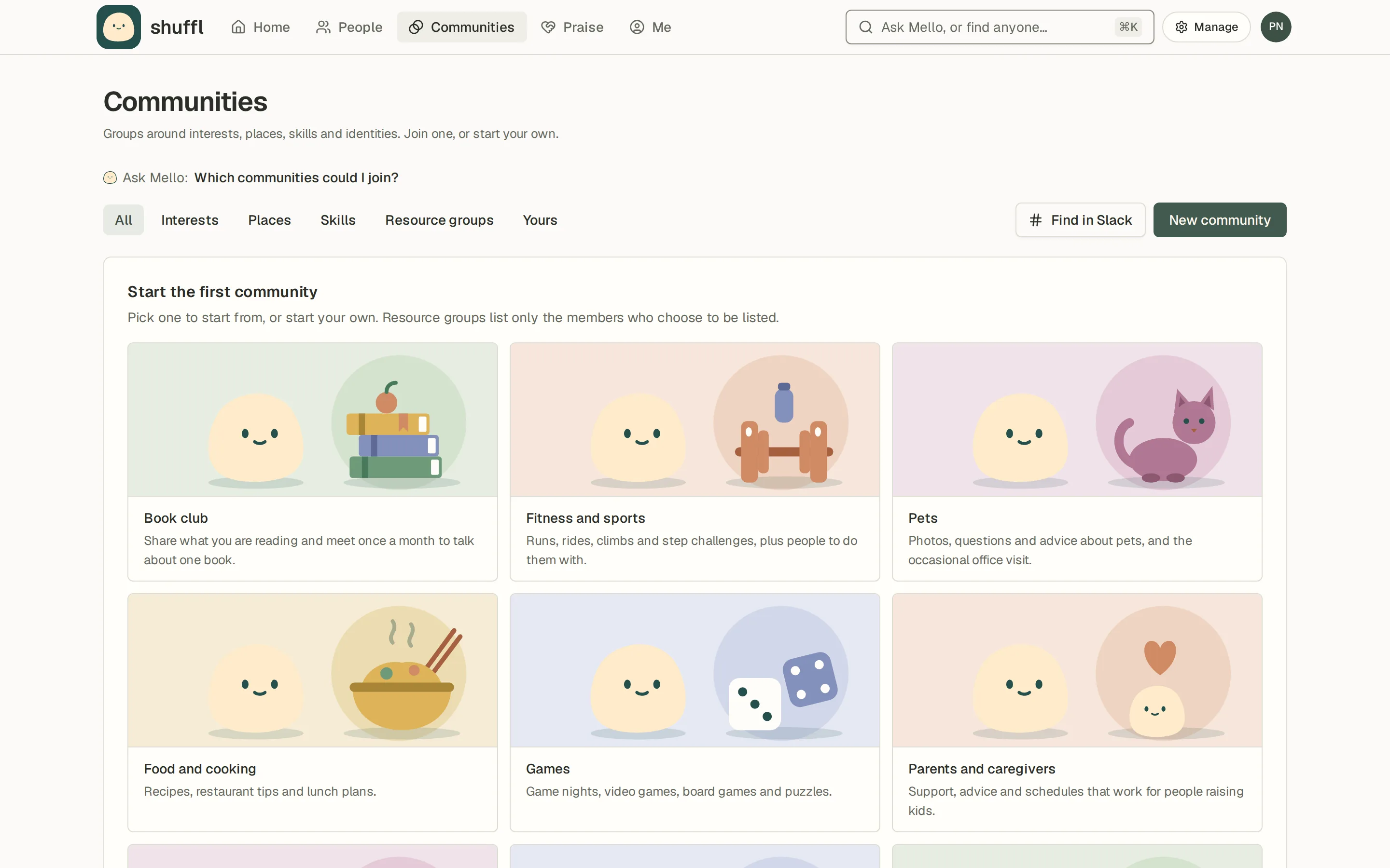 The Communities template gallery with an illustration on each starter