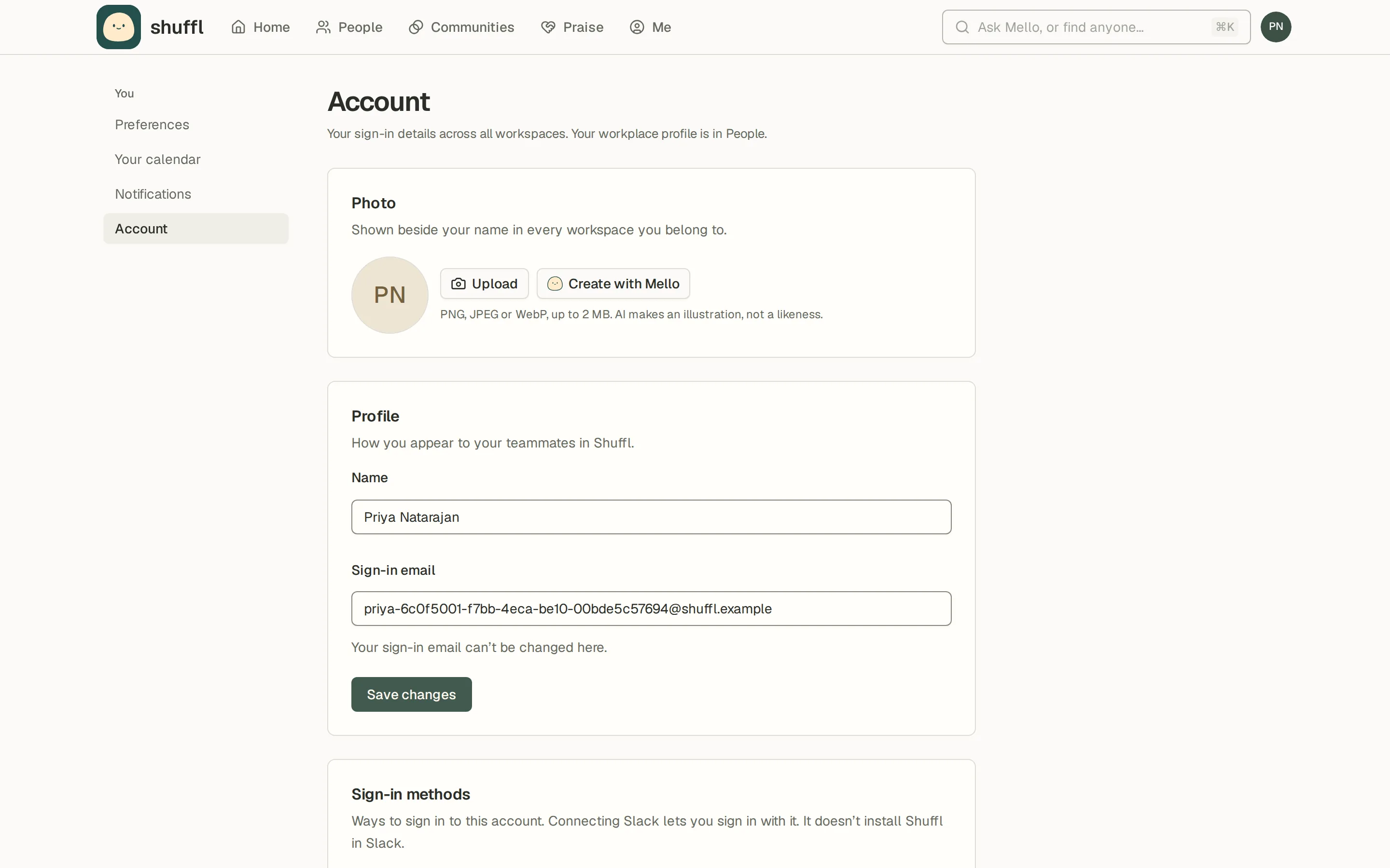 The Account settings page: name and sign-in email, an account photo, sign-in methods for email, Google and Slack, passkeys, two-factor sign-in and a product analytics switch.