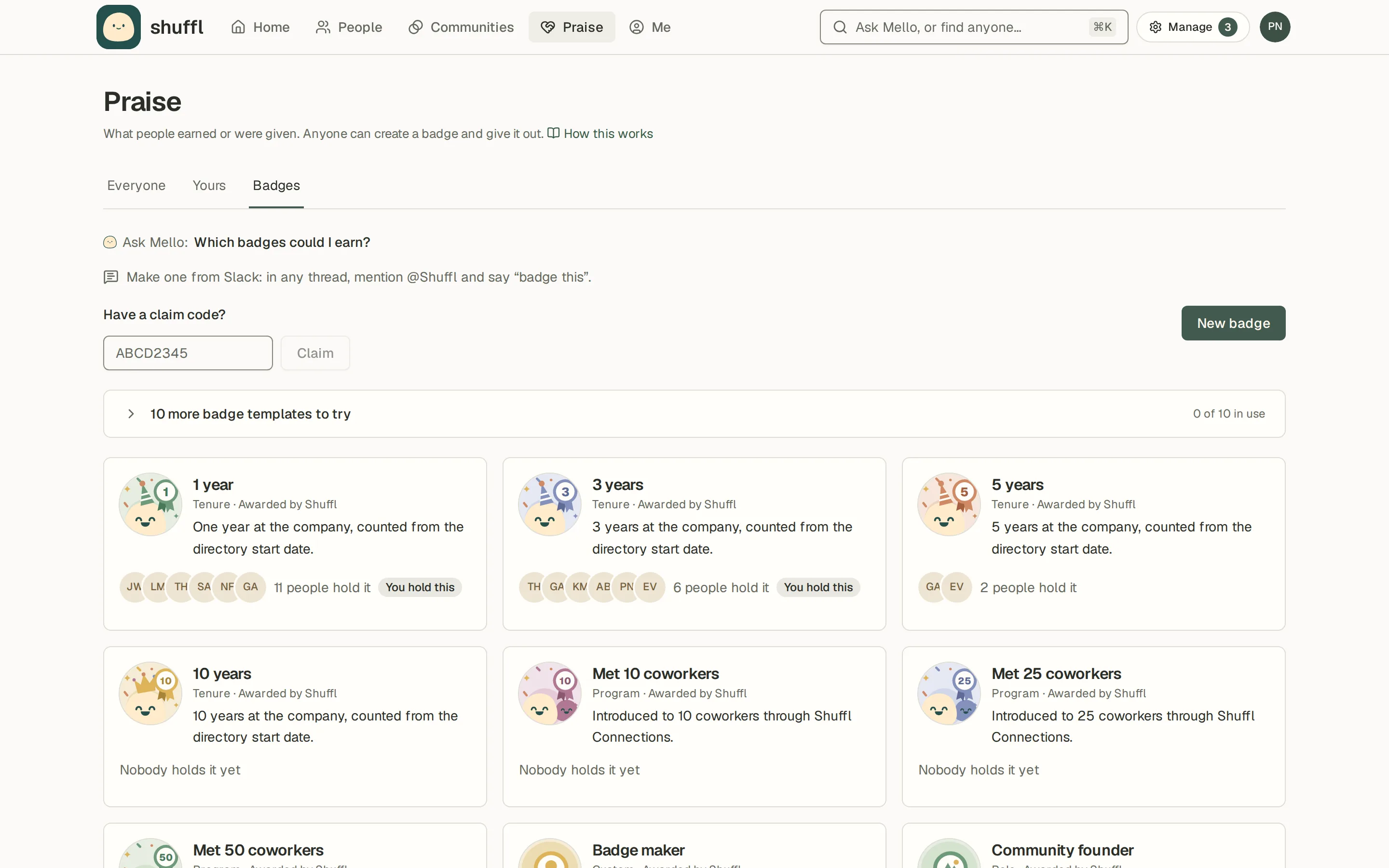 The Badges tab under Praise: badge cards with a picture, a name such as Mentor of the quarter, who holds it and how it is earned, with New badge and Have a claim code? options.