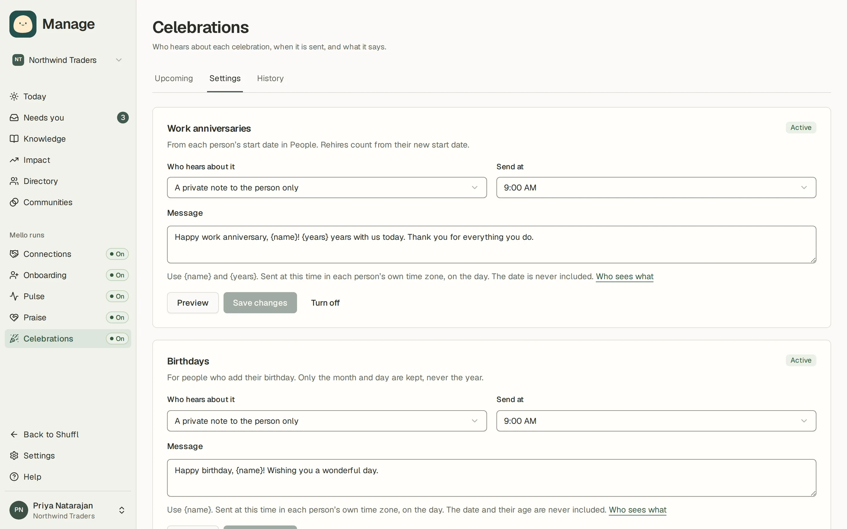 Celebration settings in Manage: one card for work anniversaries and one for birthdays, each with who hears about it, the send time, an optional channel, the message with placeholders and a Preview before turning it on.