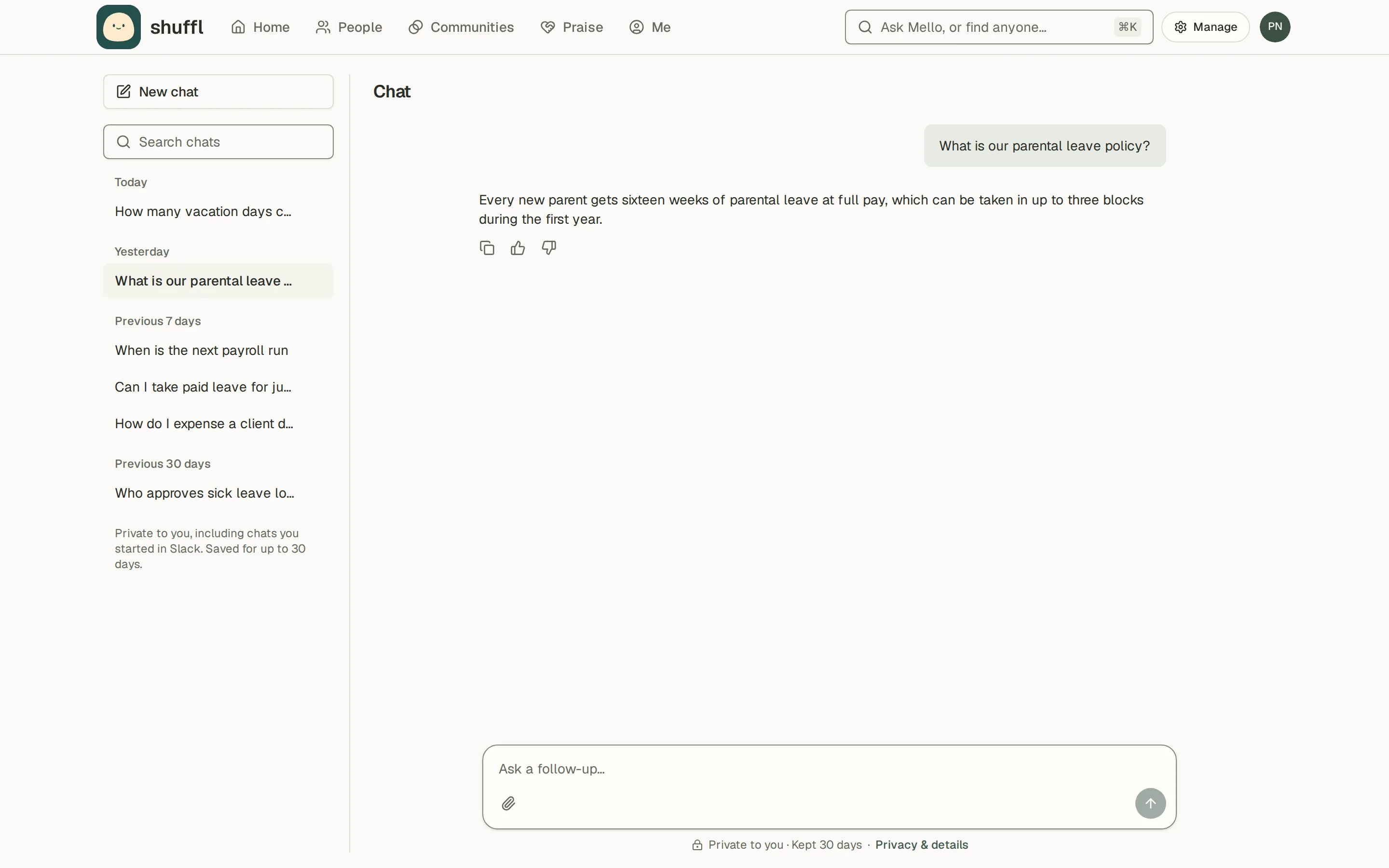 Chat in Shuffl on desktop and phone. The list of past chats sits on the left; the open chat asks about parental leave and Mello answers with the policy, with a composer at the bottom.
