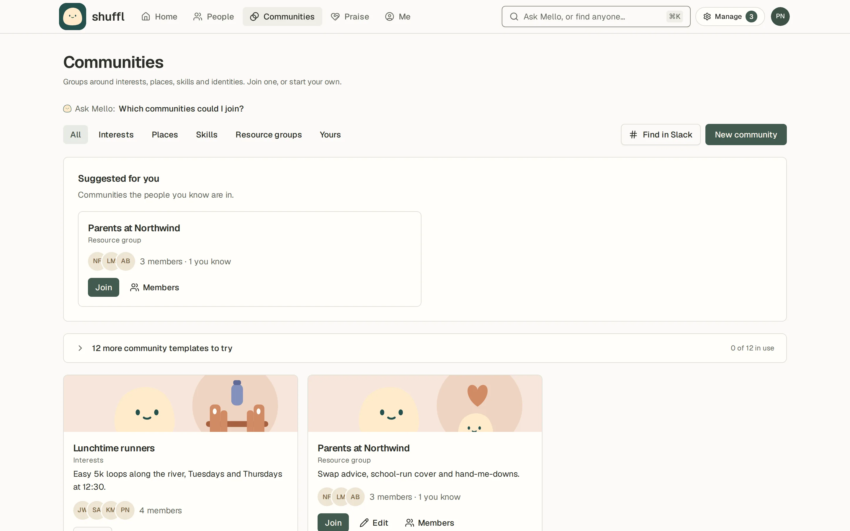 The Communities page: filters for All, Interests, Places, Skills, Resource groups and Yours, then cards for Lunchtime runners and Parents at Northwind with their cover pictures, descriptions, member counts and Join buttons.