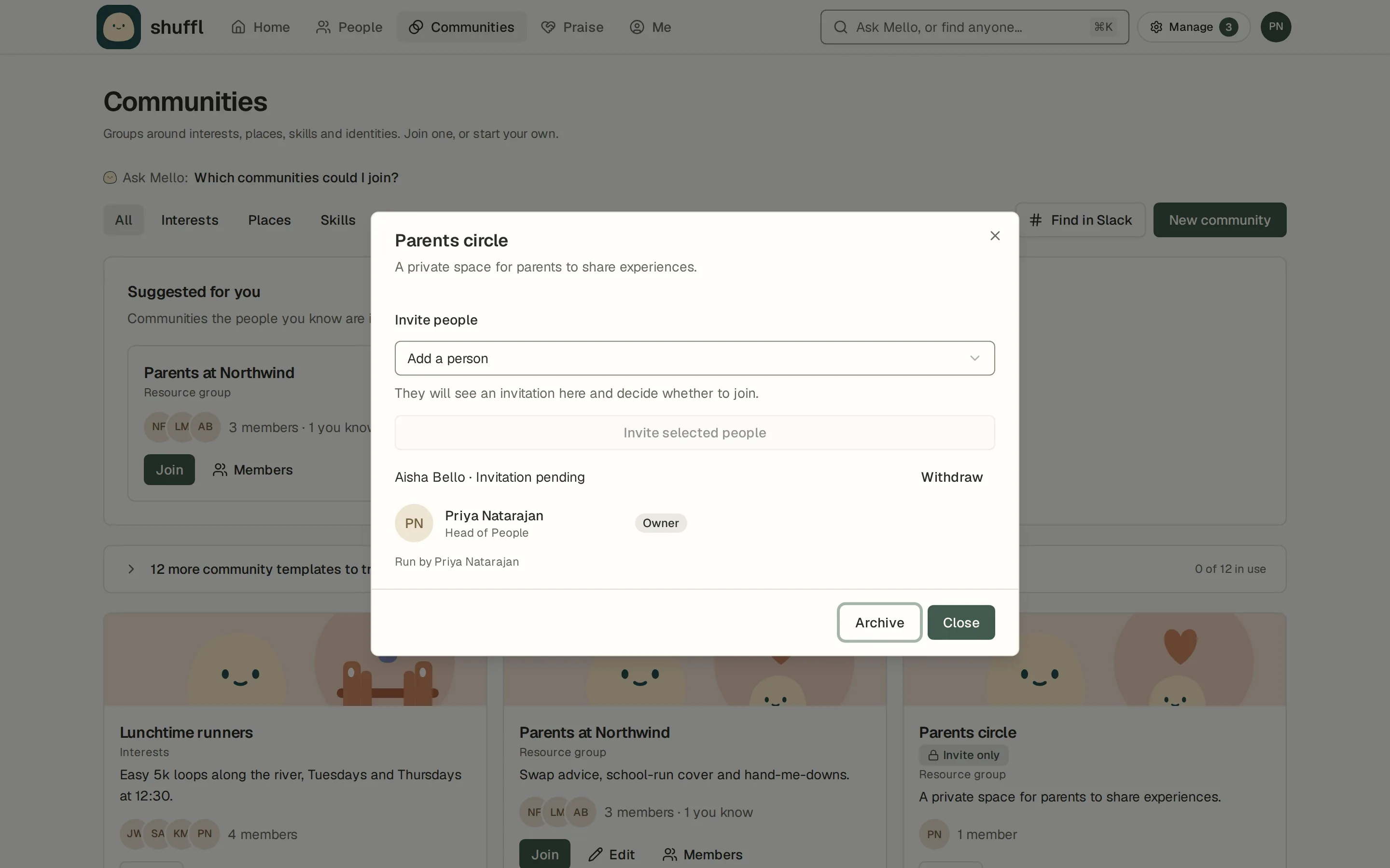 An invitation-only community showing selected invitees and a pending invitation, with no Slack invitation sent until acceptance.