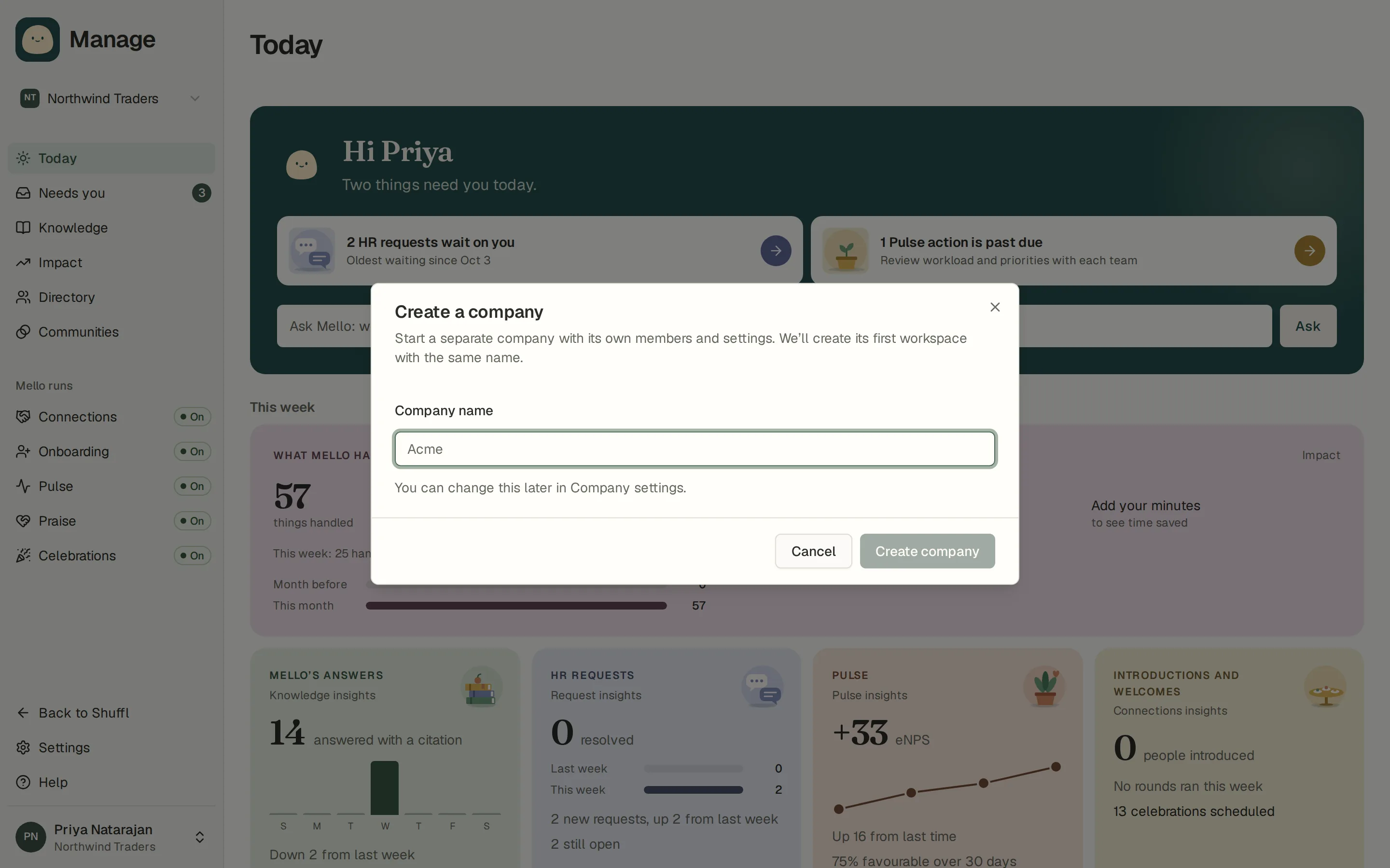 The Create a company form, opened from the account menu.