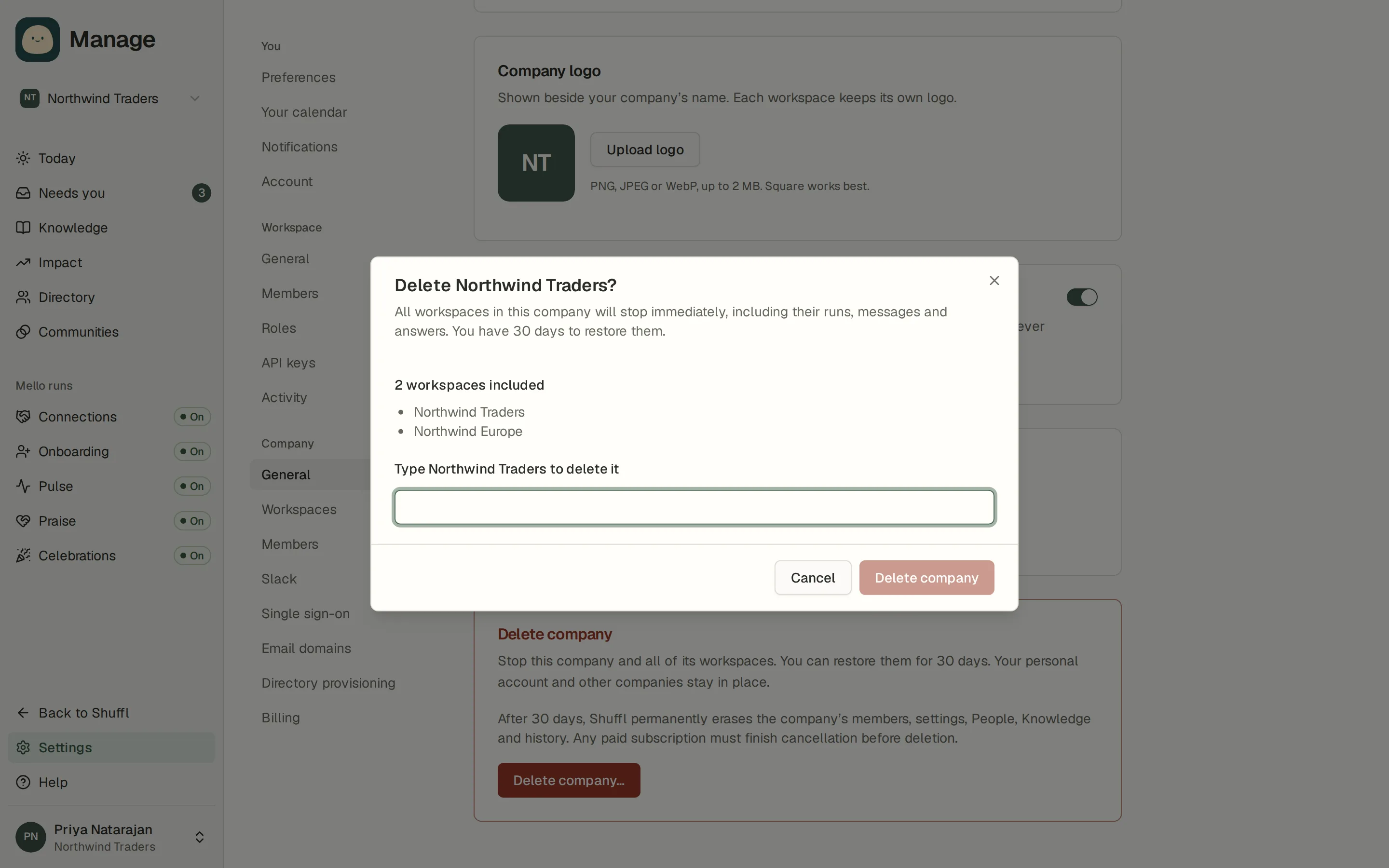 The Delete Northwind Traders confirmation listing every affected workspace.