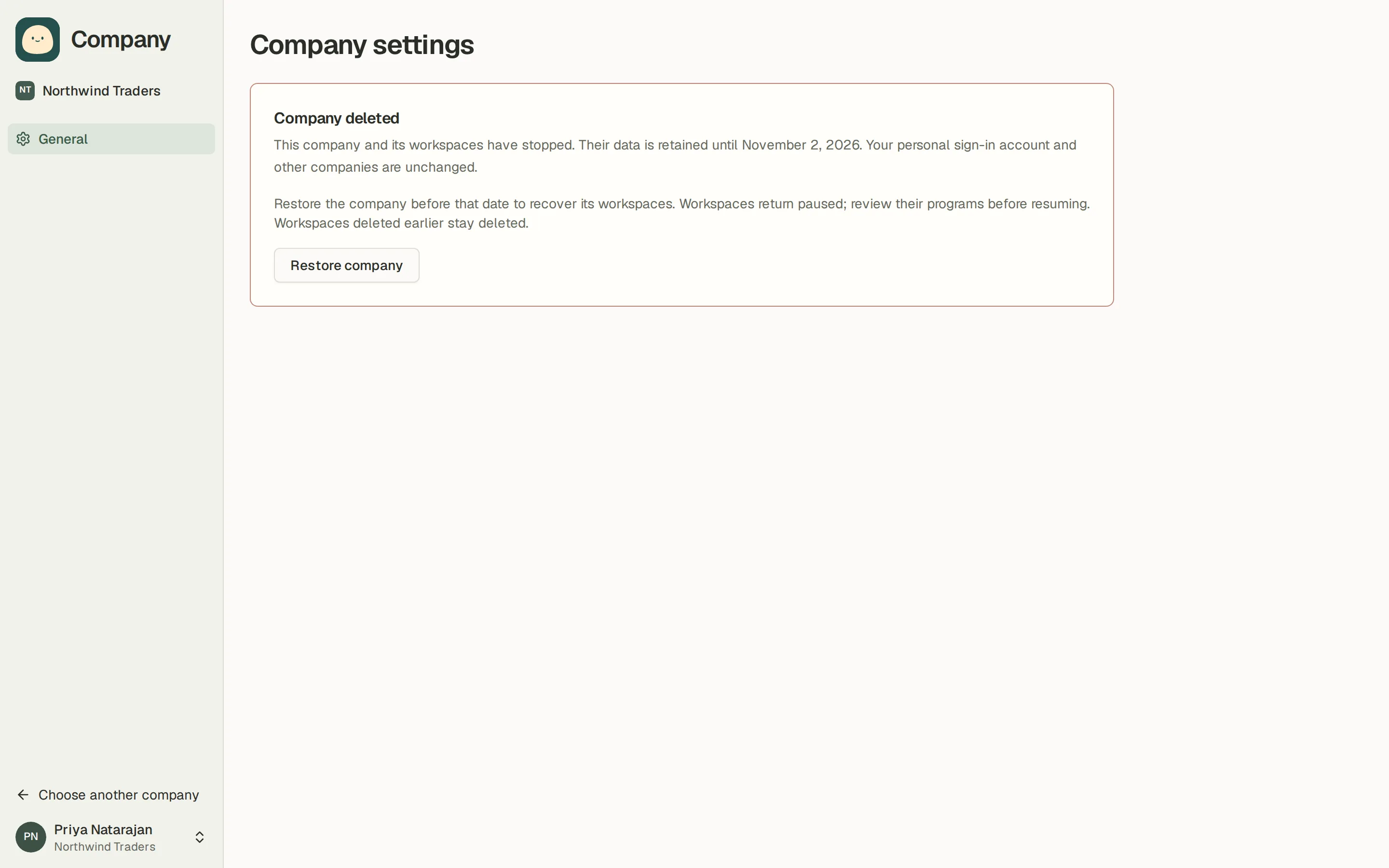 Company settings showing the recovery deadline and Restore company.