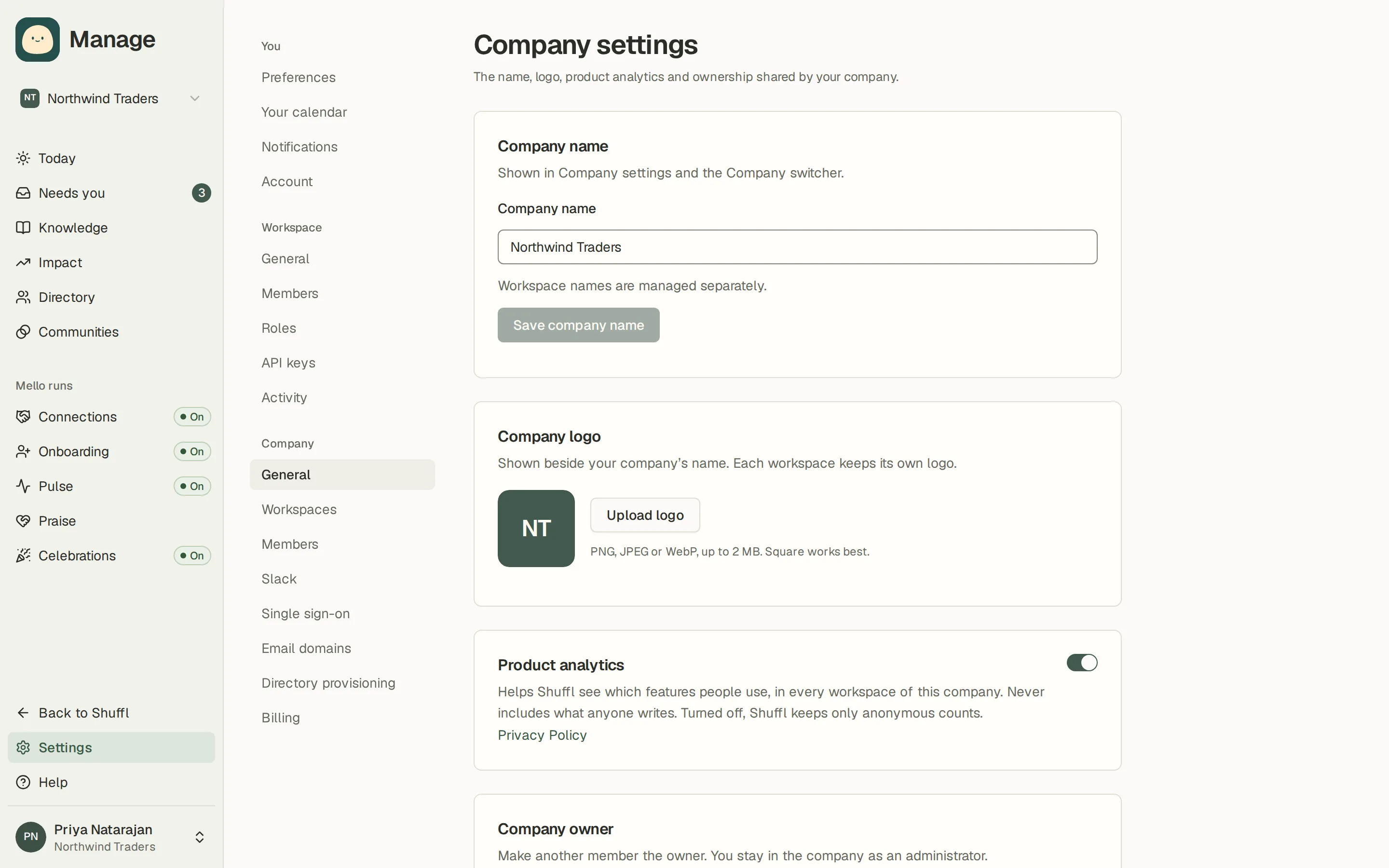 Northwind Traders Company settings, with the company name, logo and ownership controls.