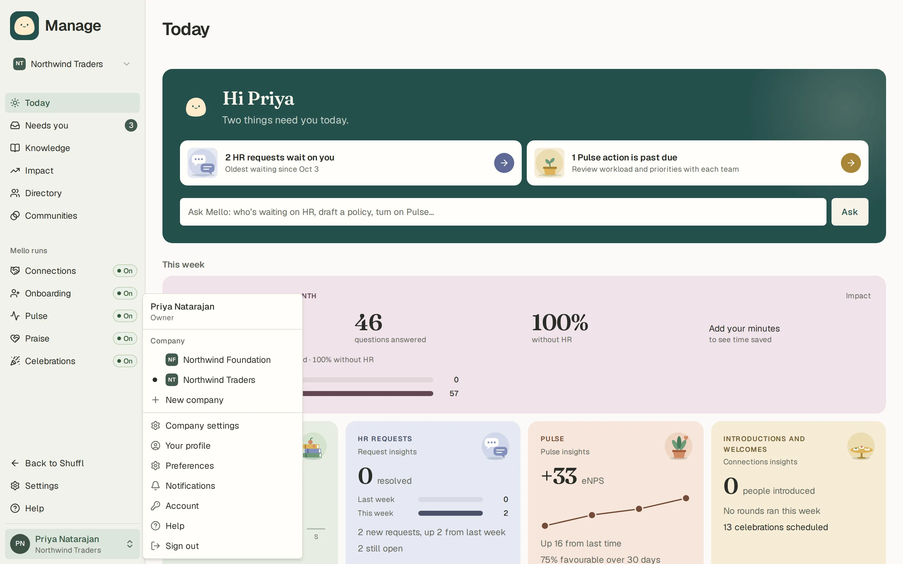 The Manage sidebar with its workspace picker at the top and company choices in the account menu at the bottom.