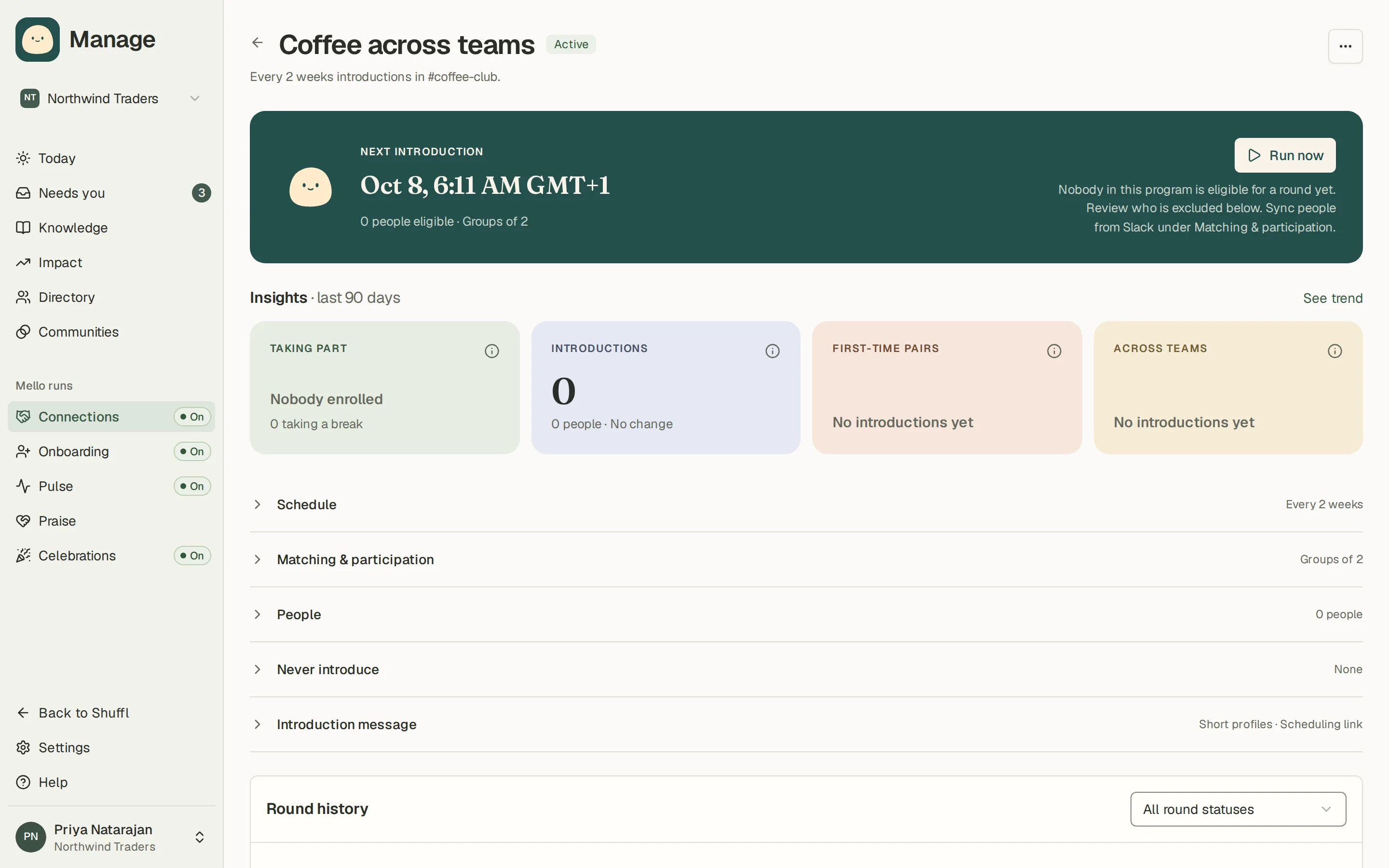 A Connections program page in Manage called Coffee across teams: the next introduction date, Run now and Preview groups buttons, cards for the schedule, matching and the introduction message, and the list of people taking part.