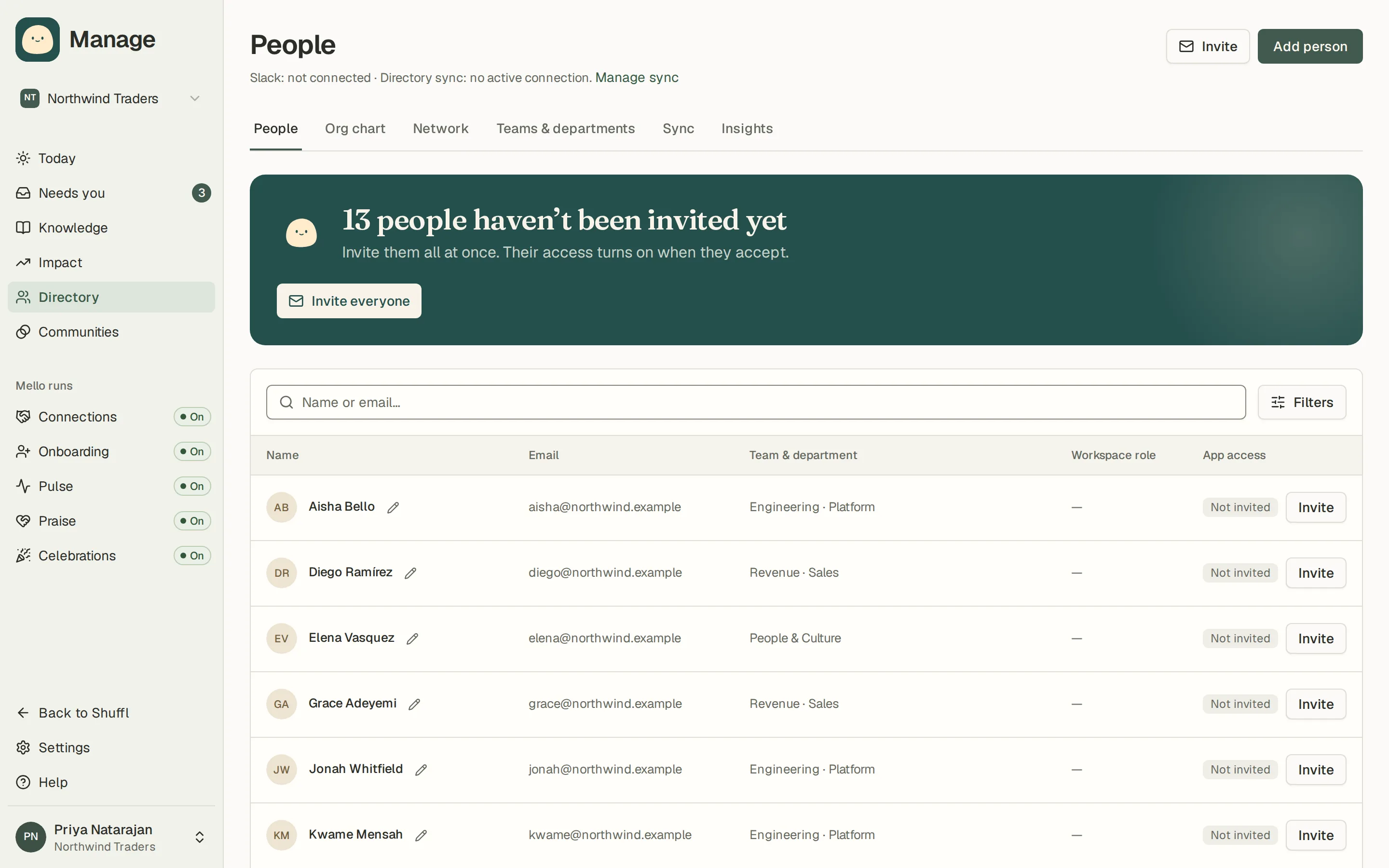 The People page in Manage for Northwind Traders: a searchable table of people with their title, team, manager and access state, and Invite and Add person buttons in the header.