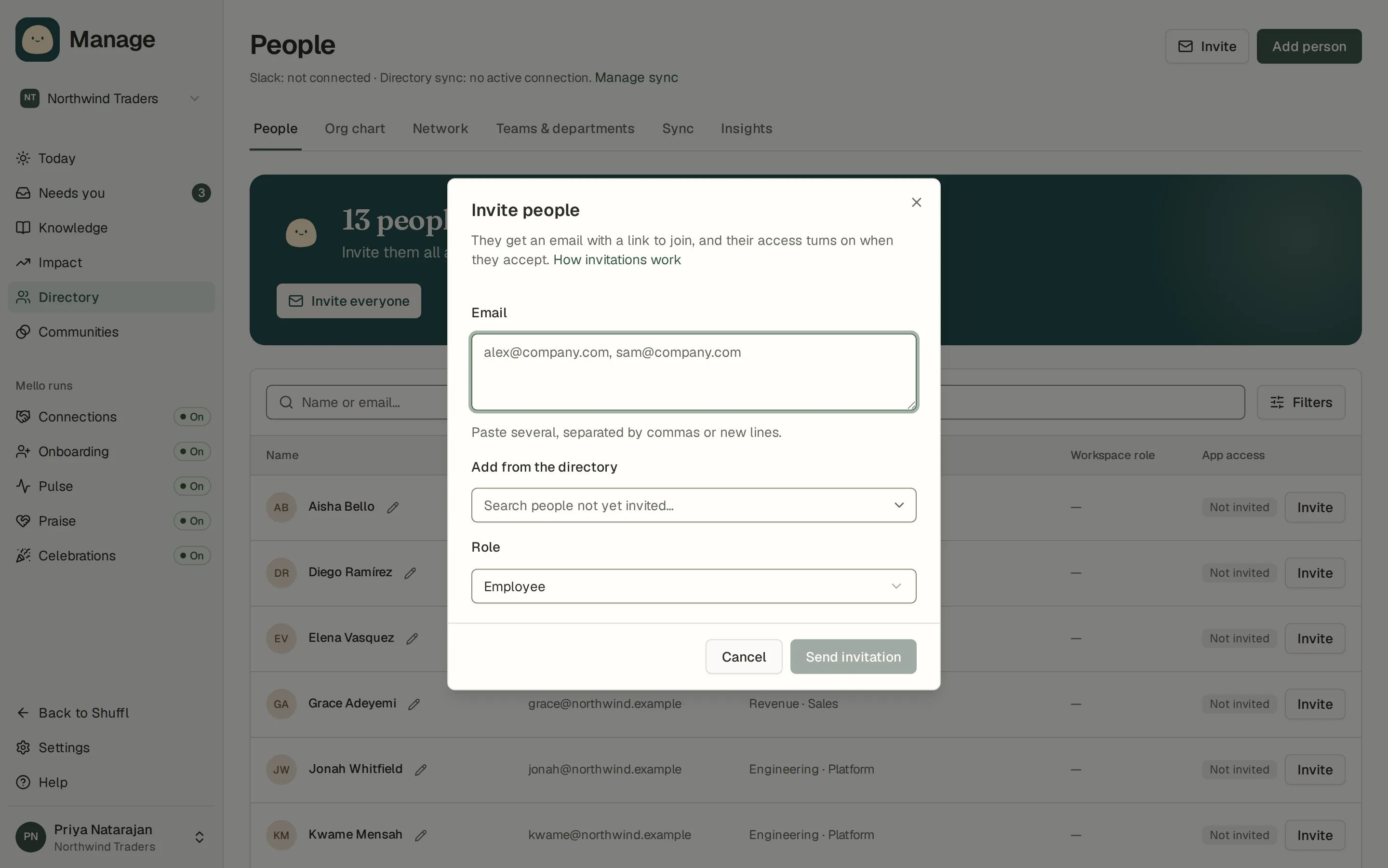 The Invite people dialog over the People page: an Emails box for one or several addresses, an Add from the directory search, a Role choice between Employee and Administrator and a Send invitation button.