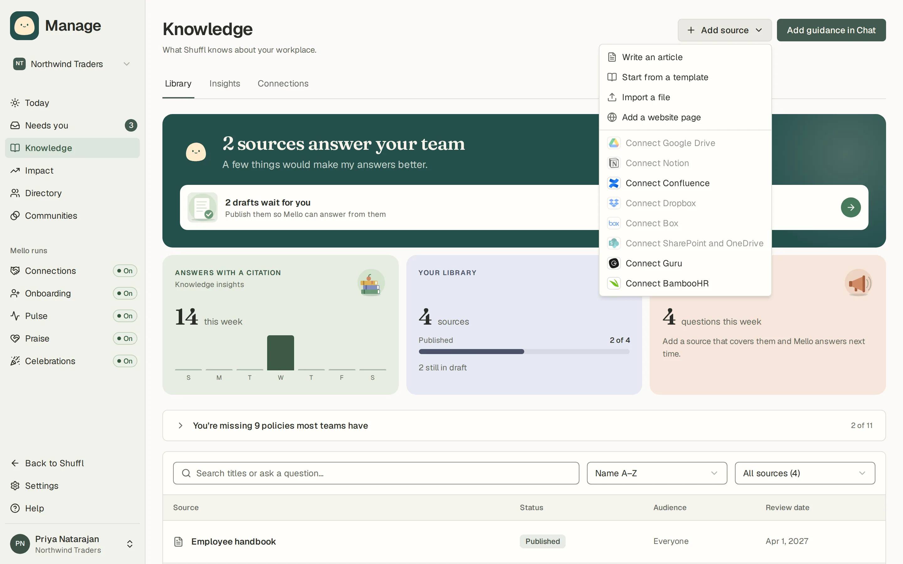 The Add source menu open over the Knowledge library. It lists Write an article, Start from a template, Import a file, Add a website page and one entry per connectable provider such as Google Drive, Notion and Confluence.
