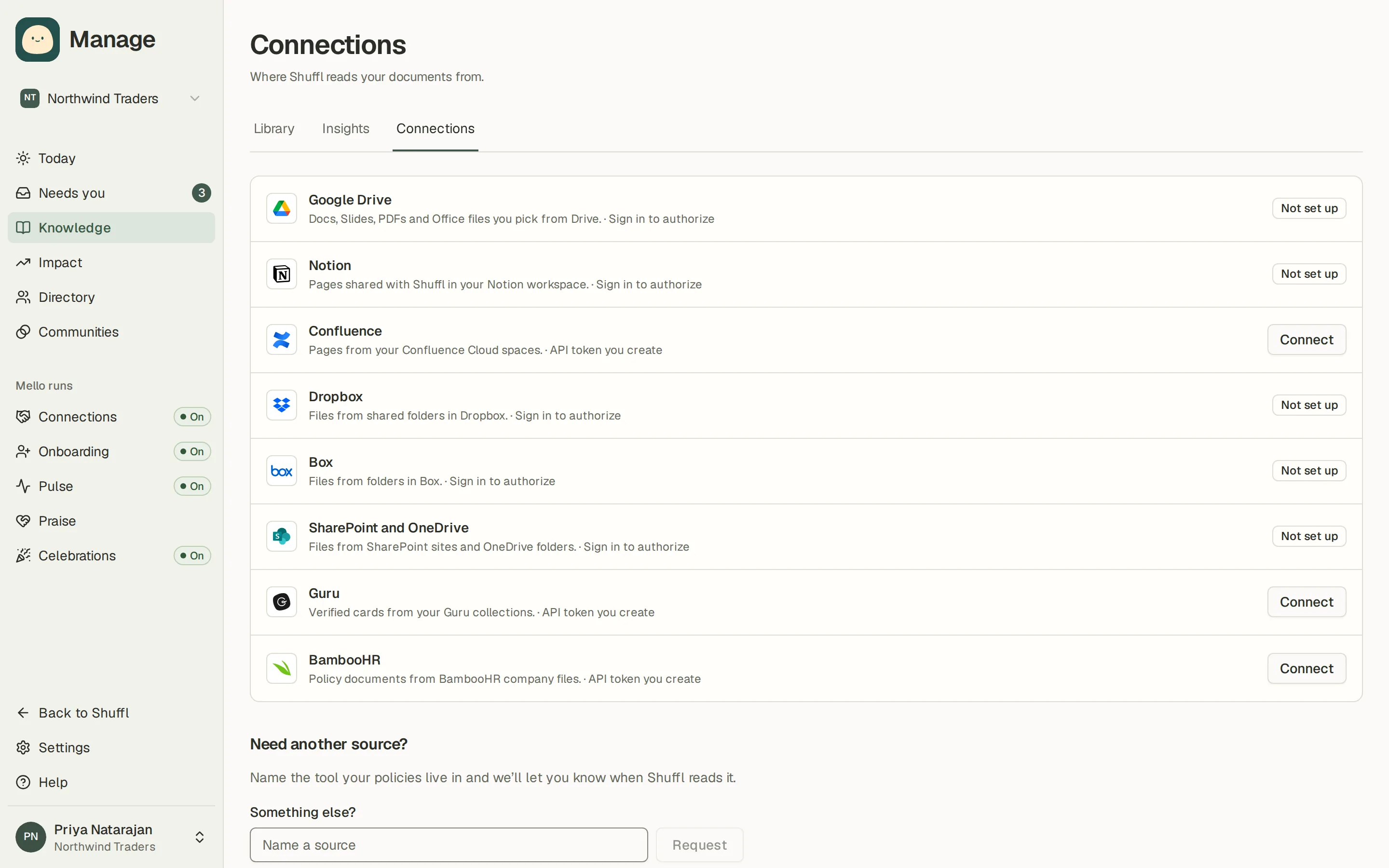 The Connections tab of Knowledge in Manage: a Connected accounts section, then a catalog of providers such as Google Drive, Notion, Confluence, SharePoint and OneDrive, Dropbox, Box, Guru and BambooHR, each with a Connect button and how it signs in.