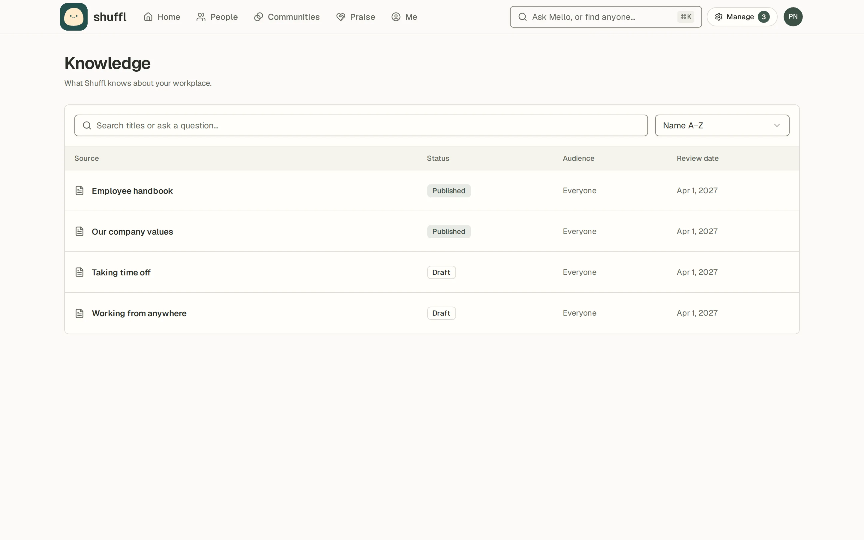 The Knowledge library as an employee sees it: a list of published policies and guides with a search field that filters titles and a Look inside sources option that searches full text.
