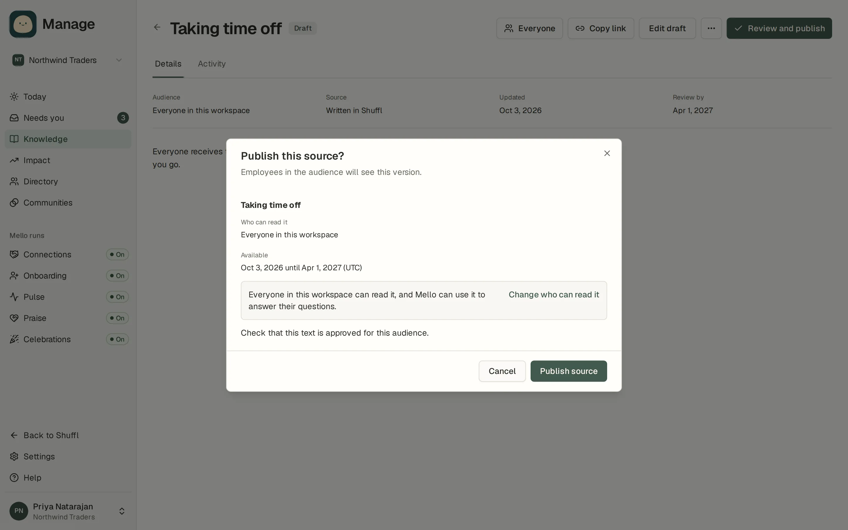 The Publish this source? dialog over a draft called Taking time off. It lists the title, who can read it, the effective and review dates, a line saying what that audience means for employees and Mello with Change who can read it, a note to confirm the text is approved, and Cancel and Publish source buttons.