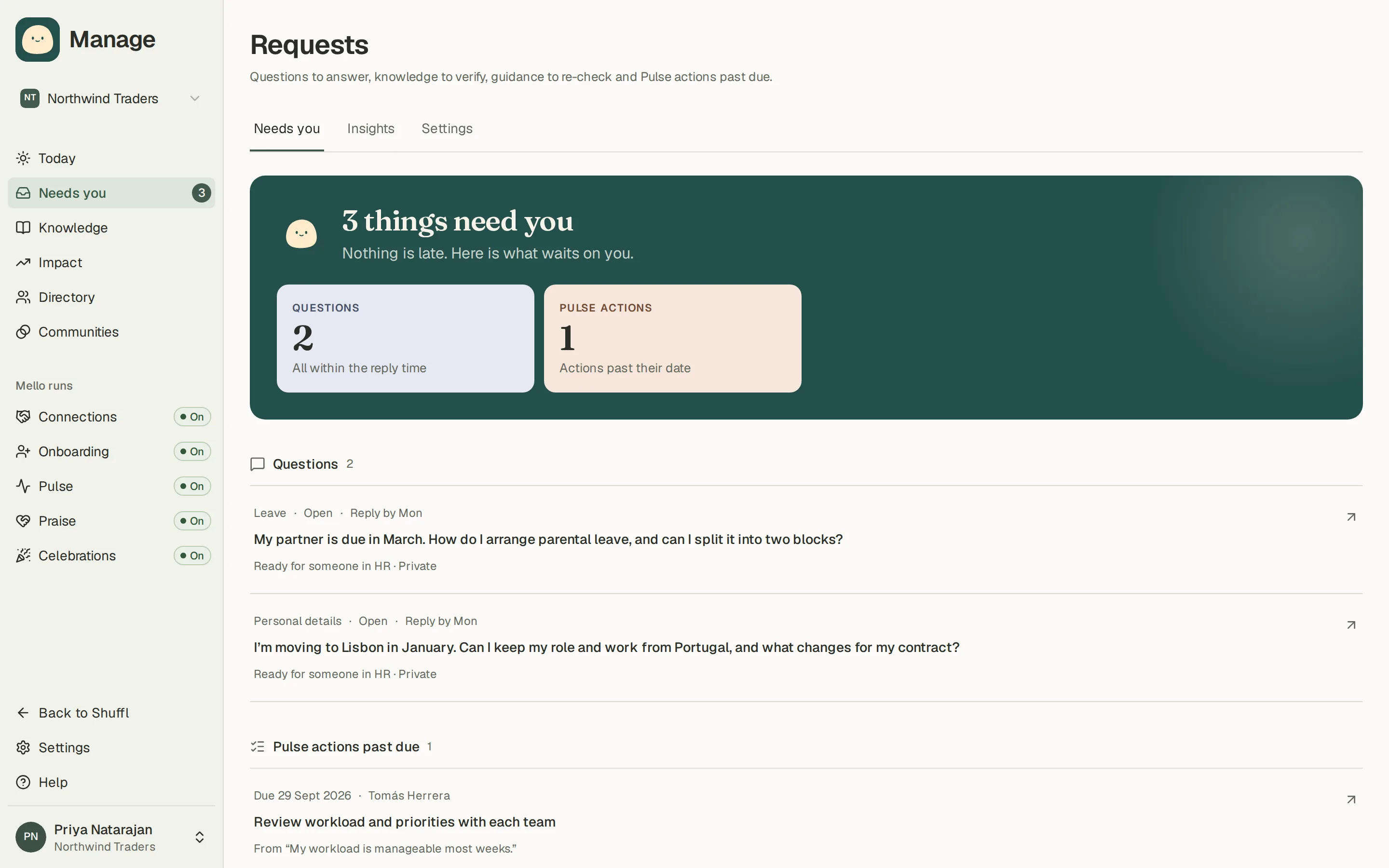 The Needs you page in Manage: a Questions section listing two employee requests waiting for a reply, with who they are assigned to, and sections for knowledge to verify and guidance to re-check.