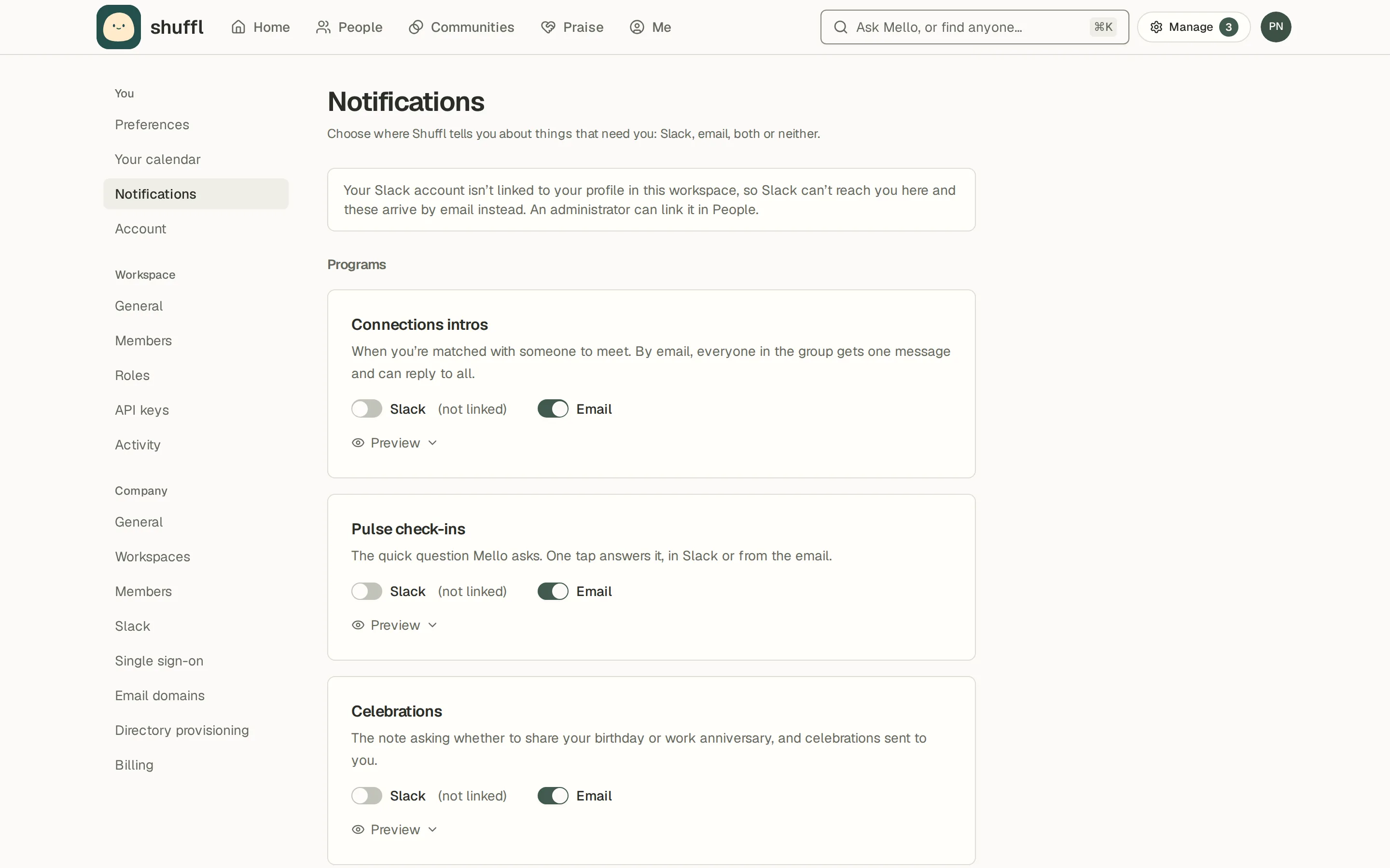 The Notifications settings page: a row per topic such as replies to your HR requests, Connections intros, Onboarding, Praise, Pulse check-ins, Celebrations and What’s new in Shuffl, each with Slack and Email switches and a closed Preview, and an HR digest card for administrators.