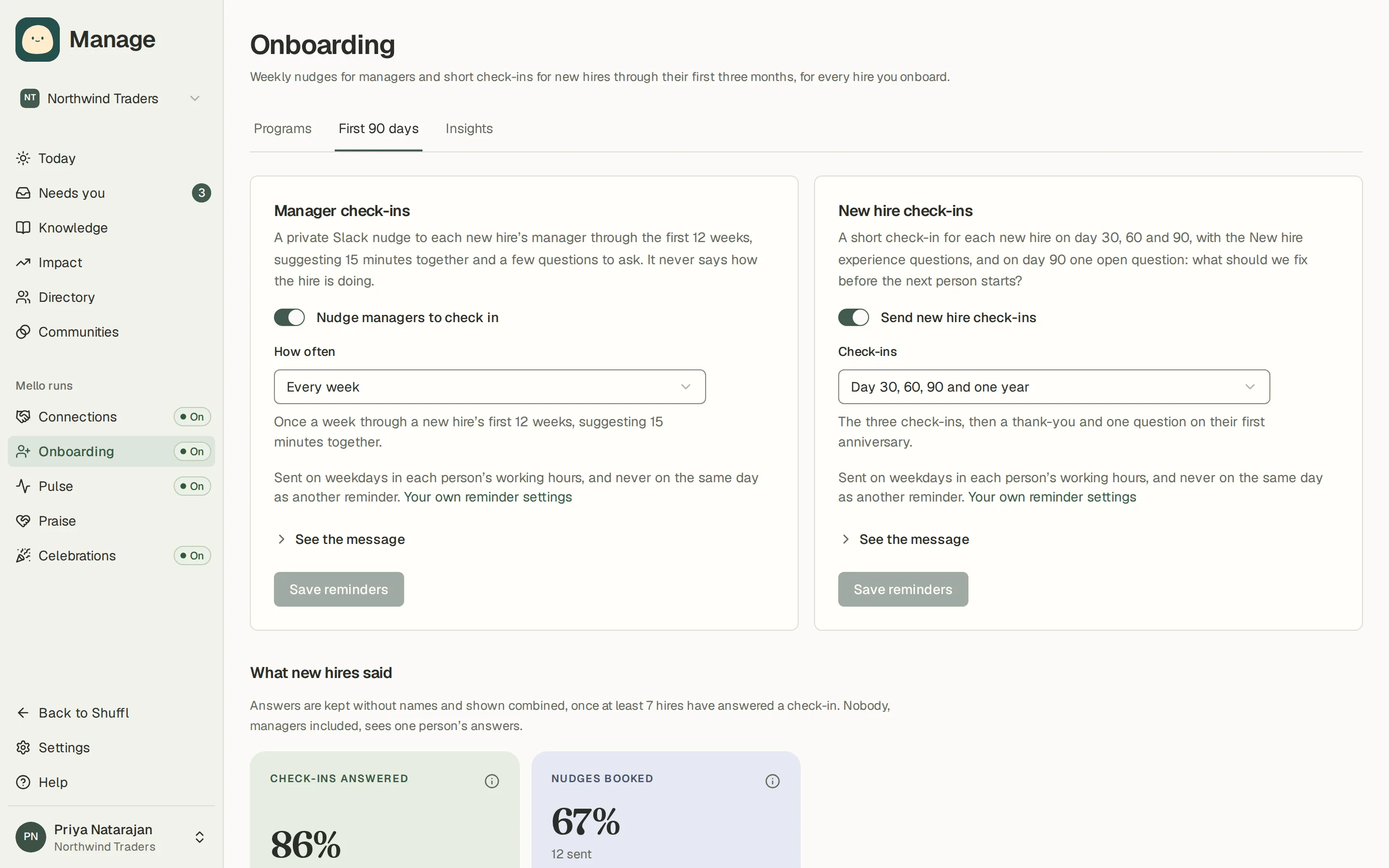 Onboarding’s First 90 days tab in Manage: Manager check-ins and New hire check-ins settings cards side by side, then What new hires said with answer rates and a card for day 30, 60, 90 and one year.