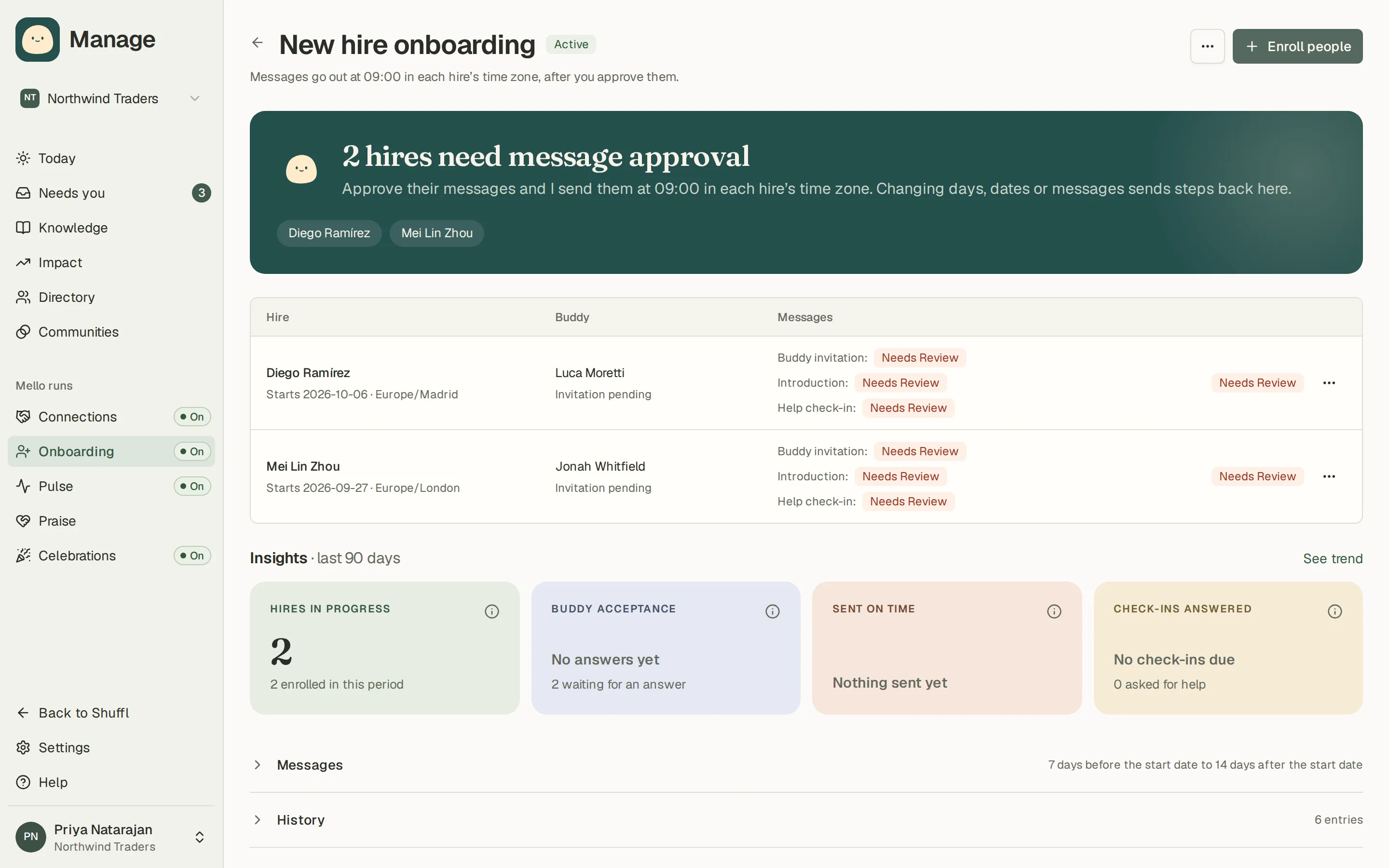 An onboarding program page in Manage: a table of enrolled hires with their start date, buddy, the three messages and their state, plus Enroll people and Review and approve messages buttons and the message templates below.