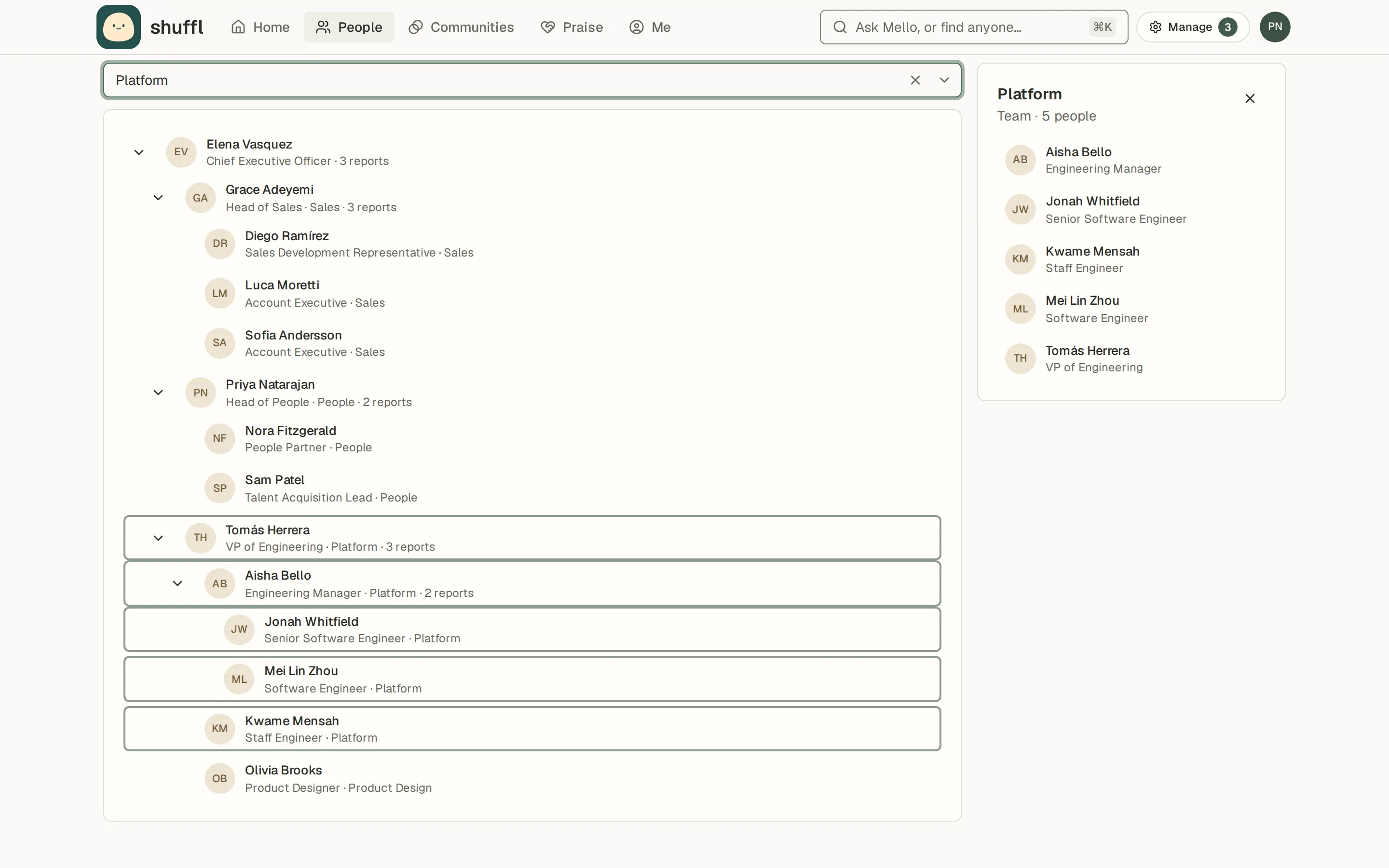 The org chart with a search box reading platform and the Platform team highlighted: five people found under their manager, and a side panel listing the team.