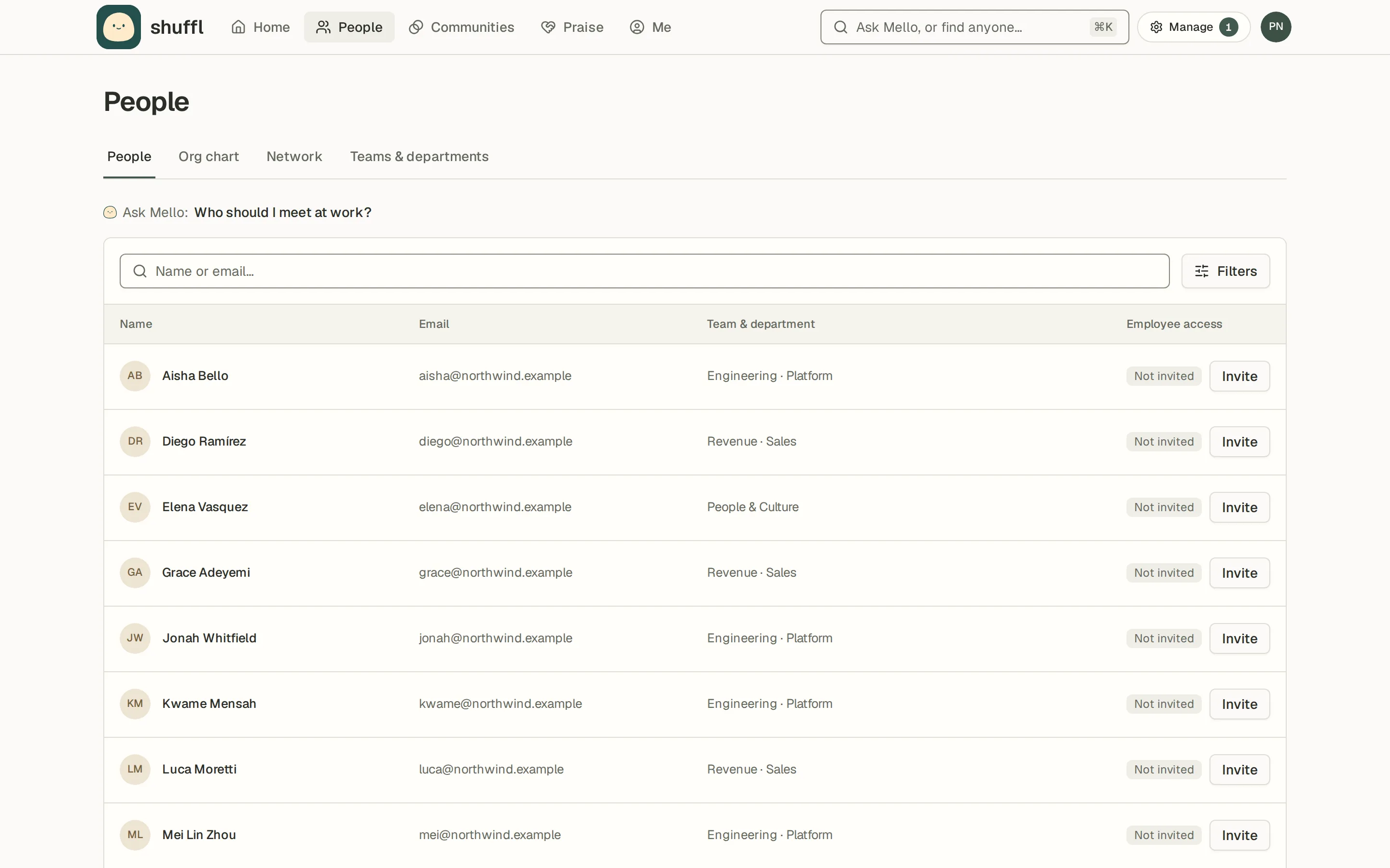 The People page: tabs for People, Org chart, Network and Teams & departments, a search box, a Filters button and a table of coworkers with their photo, title, team, manager and location.