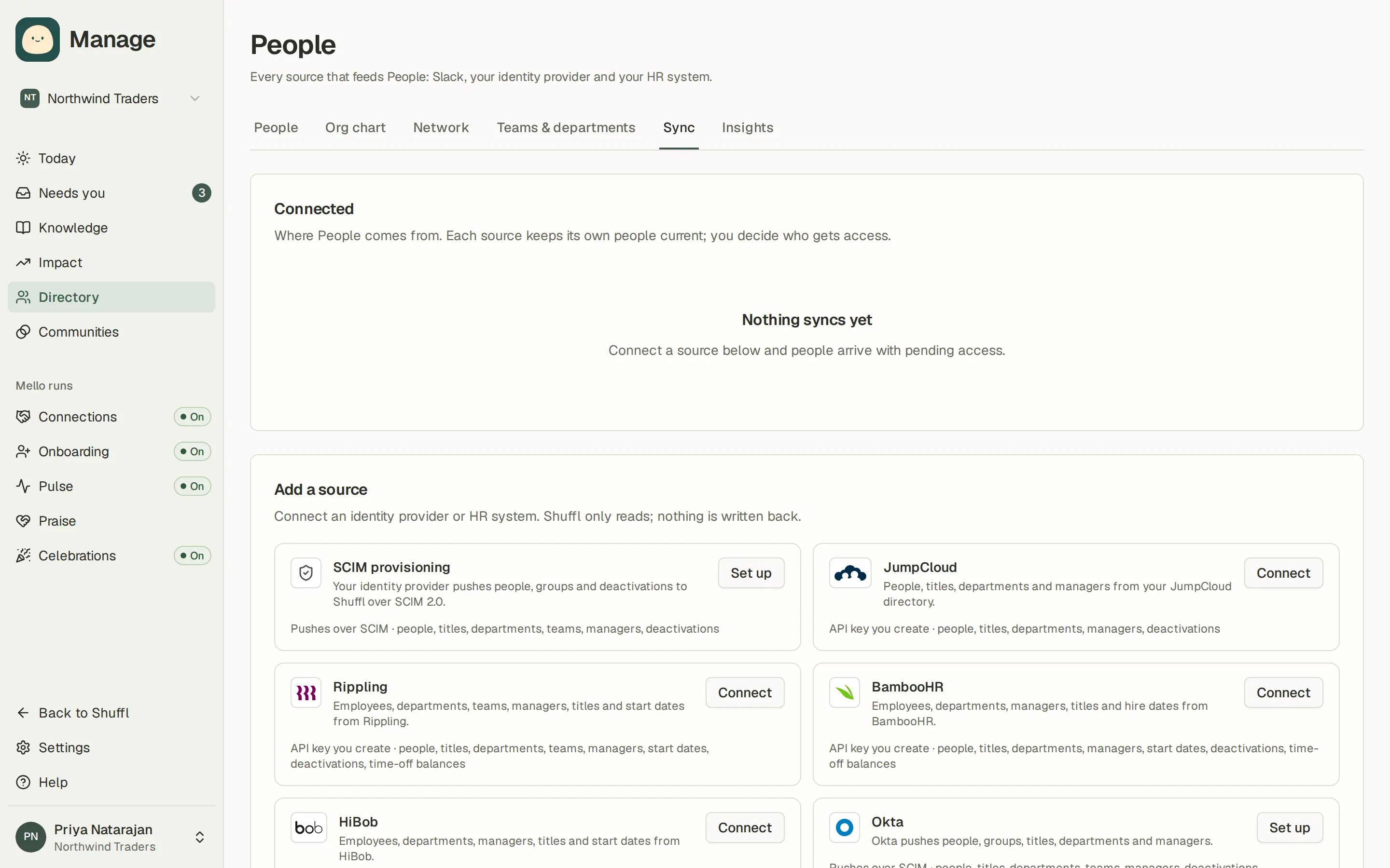 The Sync tab of People in Manage: connected sources with Sync now and Manage buttons, an Add a source section listing HR systems and identity providers, and a Directory provisioning card for SCIM connections.