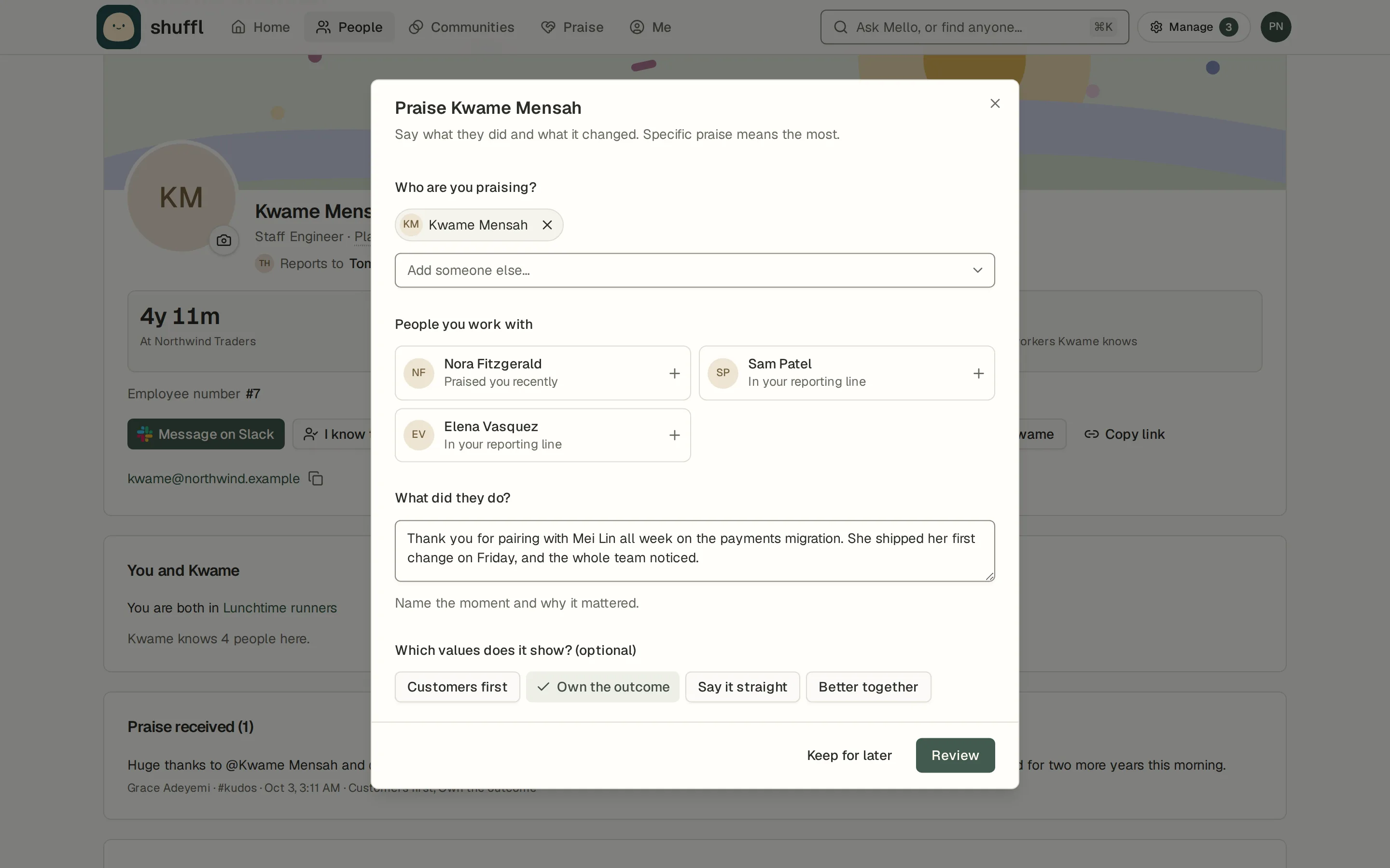 Praising Kwame Mensah from his profile: Kwame is already chosen, a few words about pairing with a new engineer are written, and Own the outcome is picked from the company values before Review.