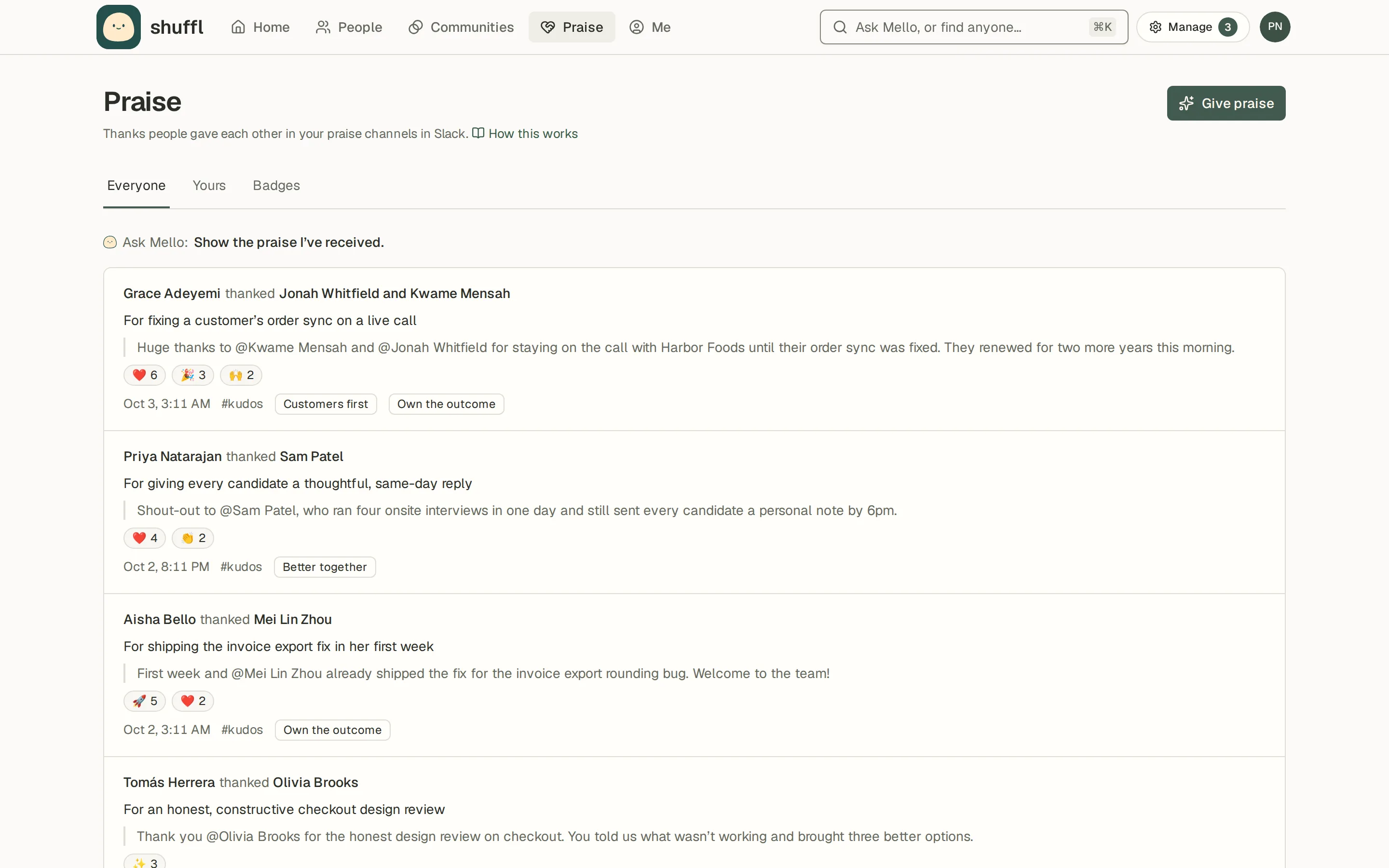 The Praise page with the Everyone tab open: a feed of thanks from the kudos channel in Slack, each naming who thanked whom, what for, the company values it matched and the reactions it got.