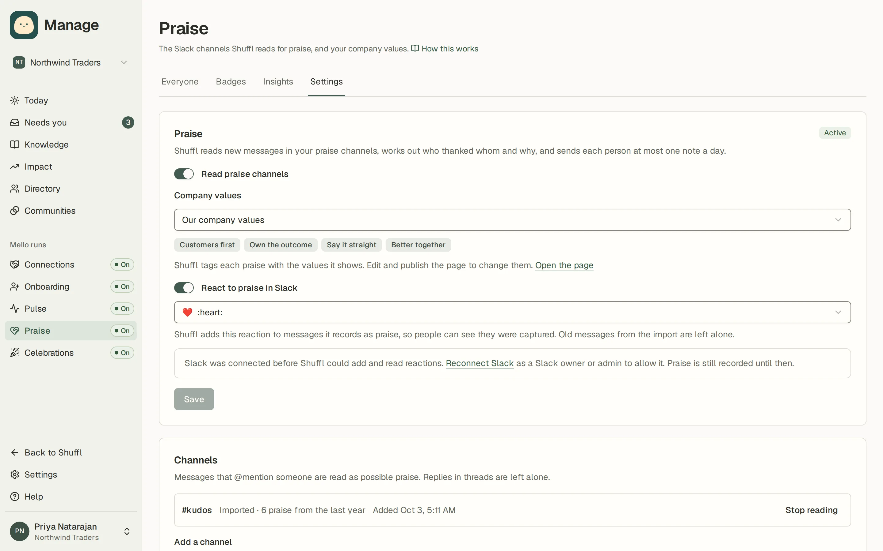 Praise settings in Manage: a Read praise channels switch, a Company values card pointing at a Knowledge page, the emoji Shuffl reacts with, and the list of channels it reads with Add a channel.