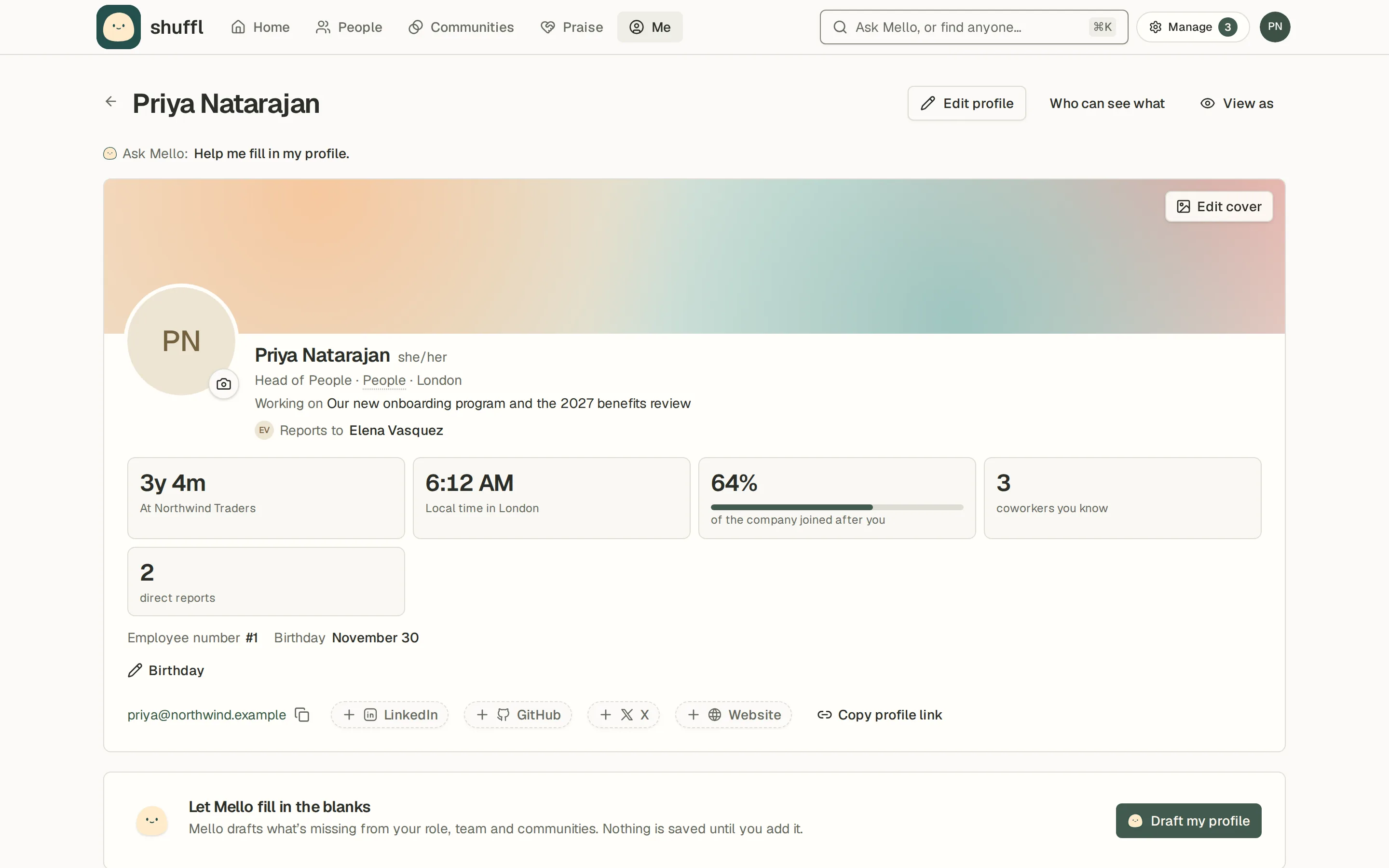 Priya Natarajan’s own profile on desktop and phone: a cover picture, photo, title and team, quick stats for manager, start date and local time, then cards for what she is working on, what to ask her about, praise she received, badges and job history.