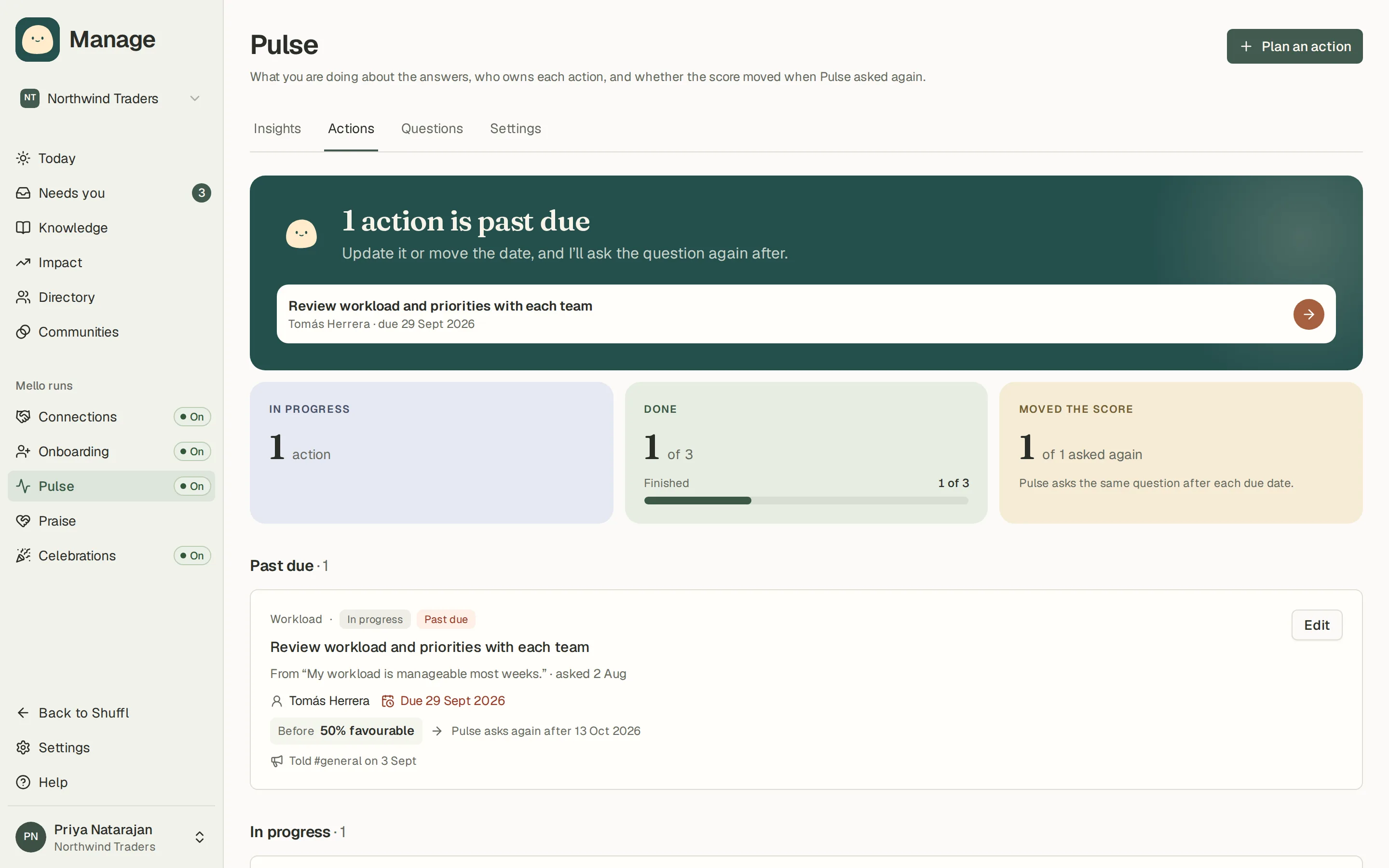 Pulse actions in Manage: an action past due on workload owned by Tomás Herrera, a planned buddy-pairs action, and a done all-hands action whose re-ask moved recognition from 33% to 75% favourable.