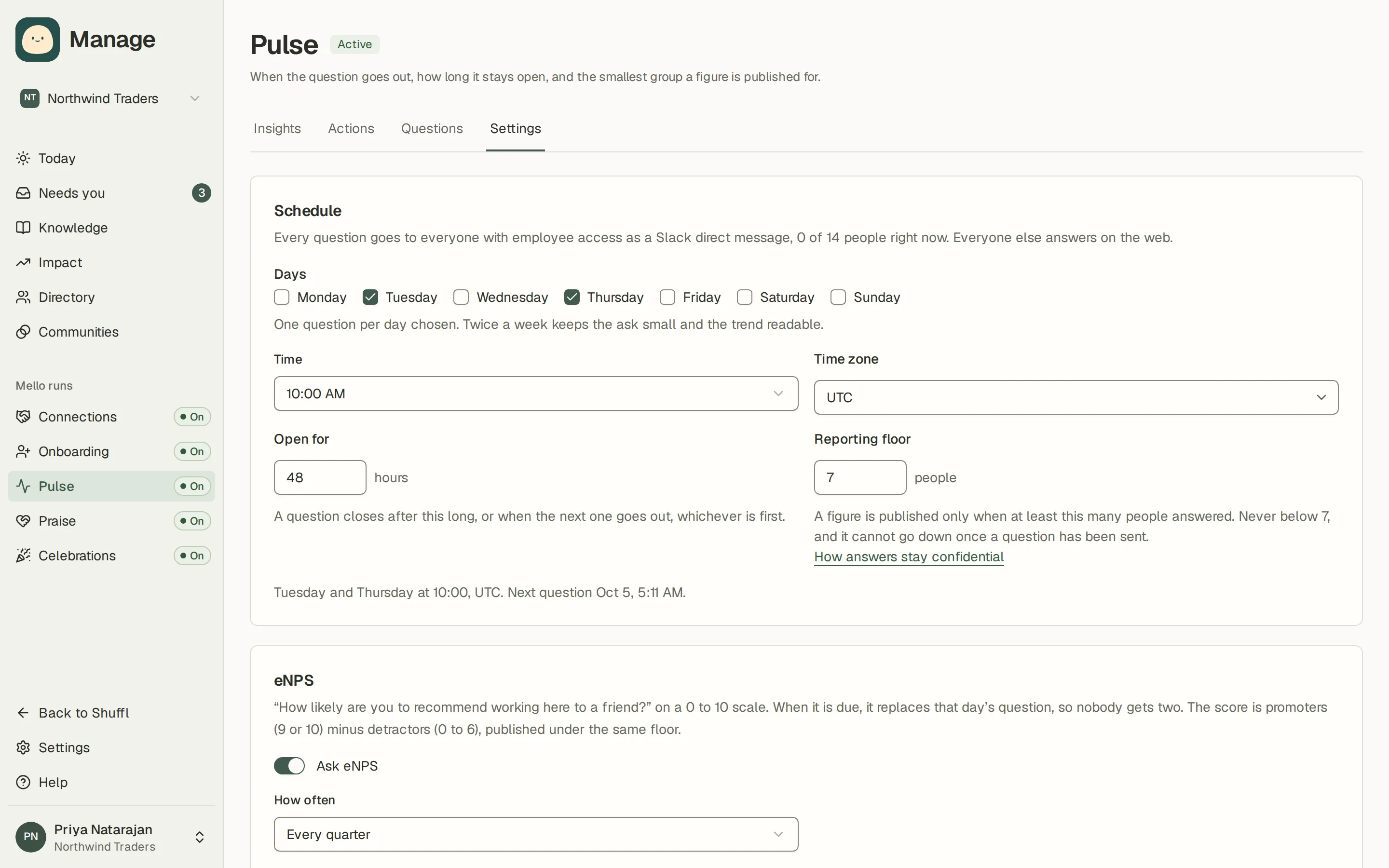 Pulse settings in Manage: the schedule with send days, time and time zone, how long a question stays open, the reporting floor, the eNPS cadence and the AI summary switch.