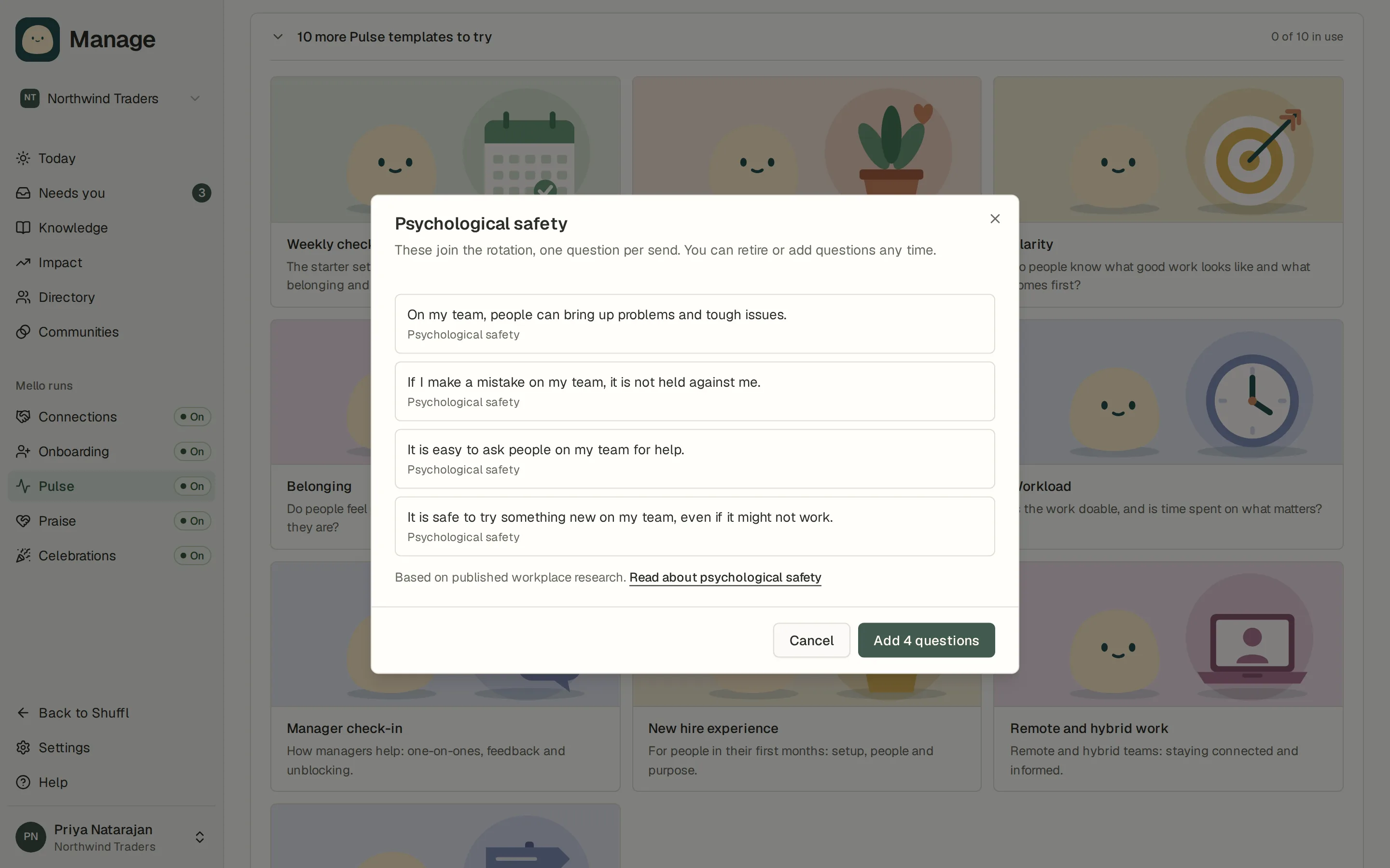 The Psychological safety question set open over Pulse questions in Manage: four questions, each marked with its driver, a note that the set is based on published workplace research with a link to read about psychological safety, and an Add 4 questions button.