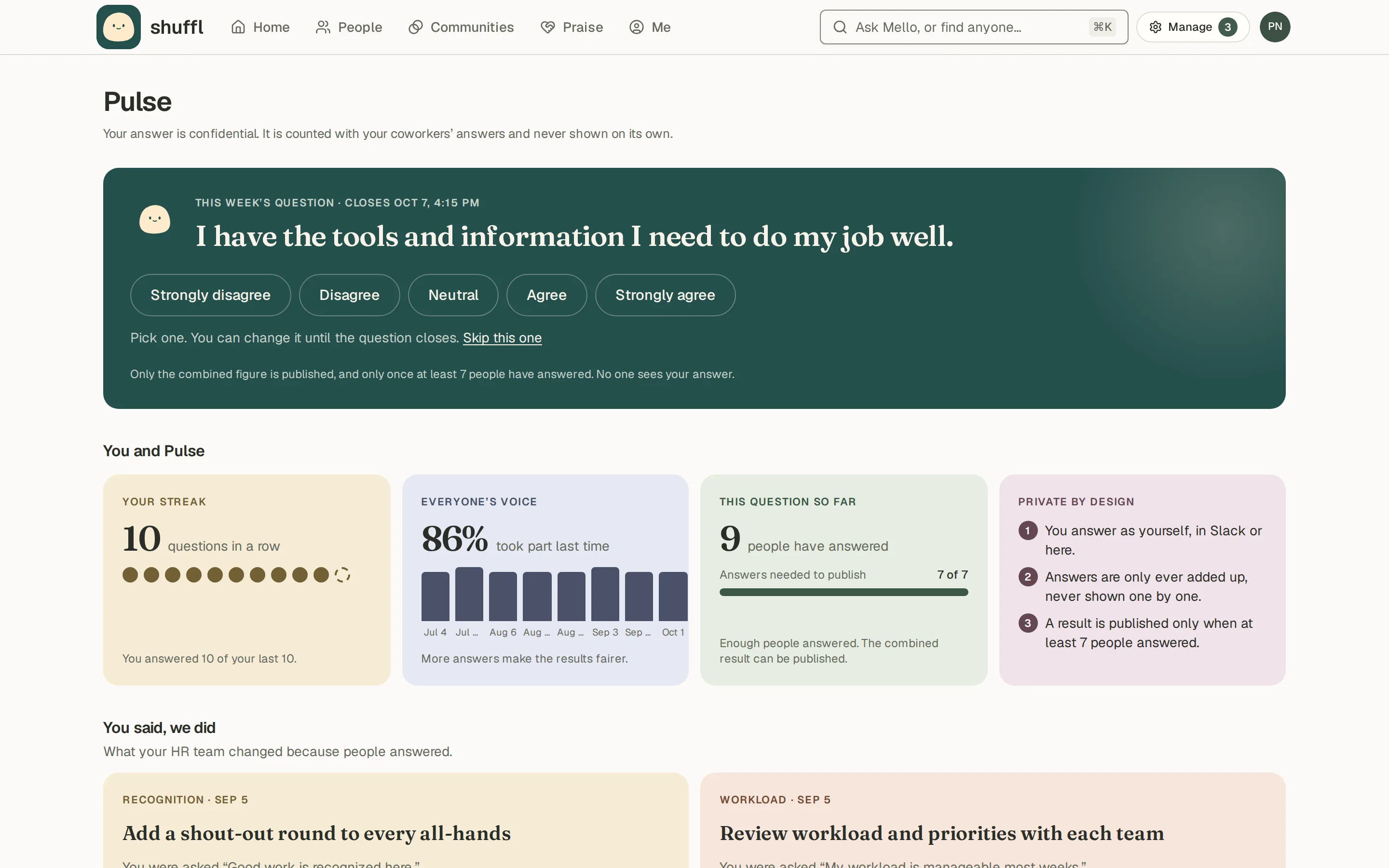 The Pulse page for an employee: today’s question, I have the tools and information I need to do my job well, with five answer buttons from Strongly disagree to Strongly agree, a note that answers are confidential, and recent questions below.