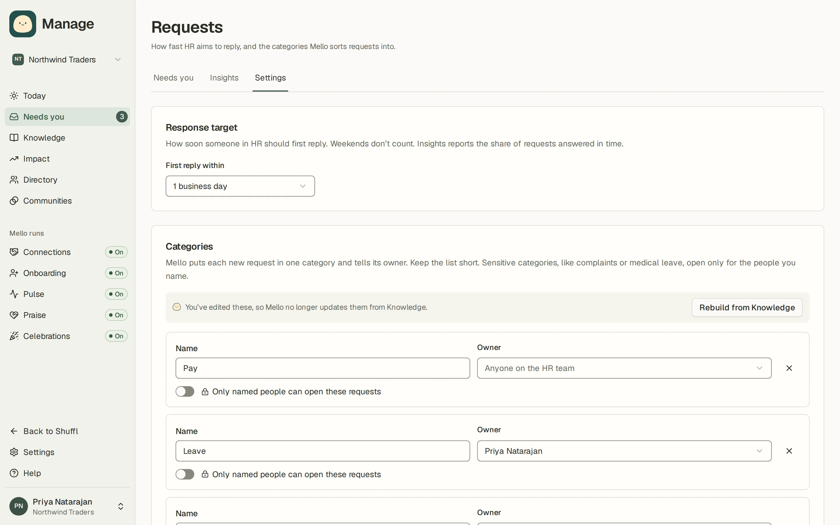 Requests settings in Manage: a response target of one business day, and a list of categories (Pay, Leave, Benefits, Letters, Personal details and Employee relations), each with an owner, where Employee relations opens only for one named responder.