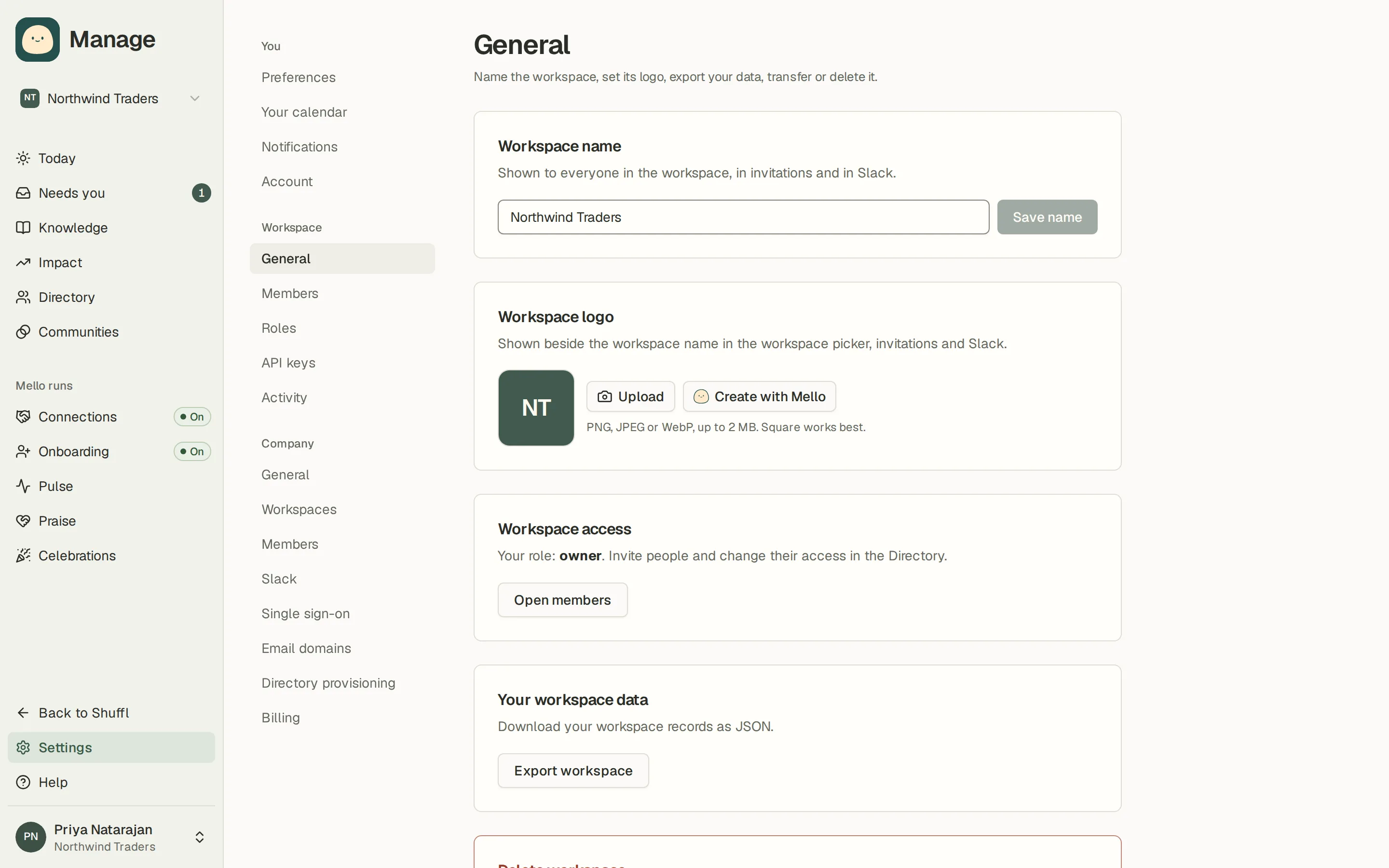 The General settings page in Manage: workspace name and logo, your workspace access with a link to its members, an export card and deletion controls for company administrators.
